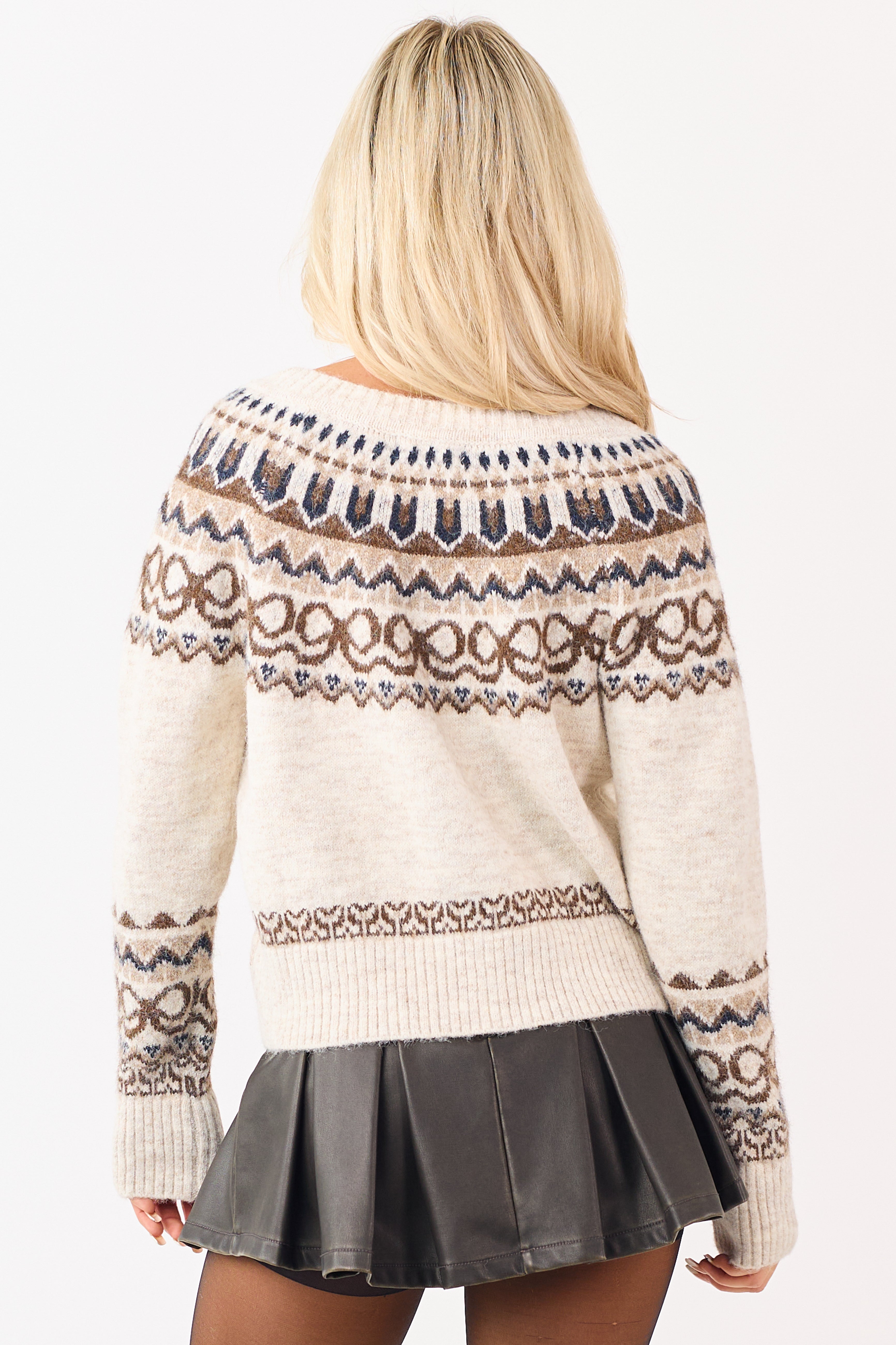 Almond Wool Blend Fair Isle Button Down Cardigan