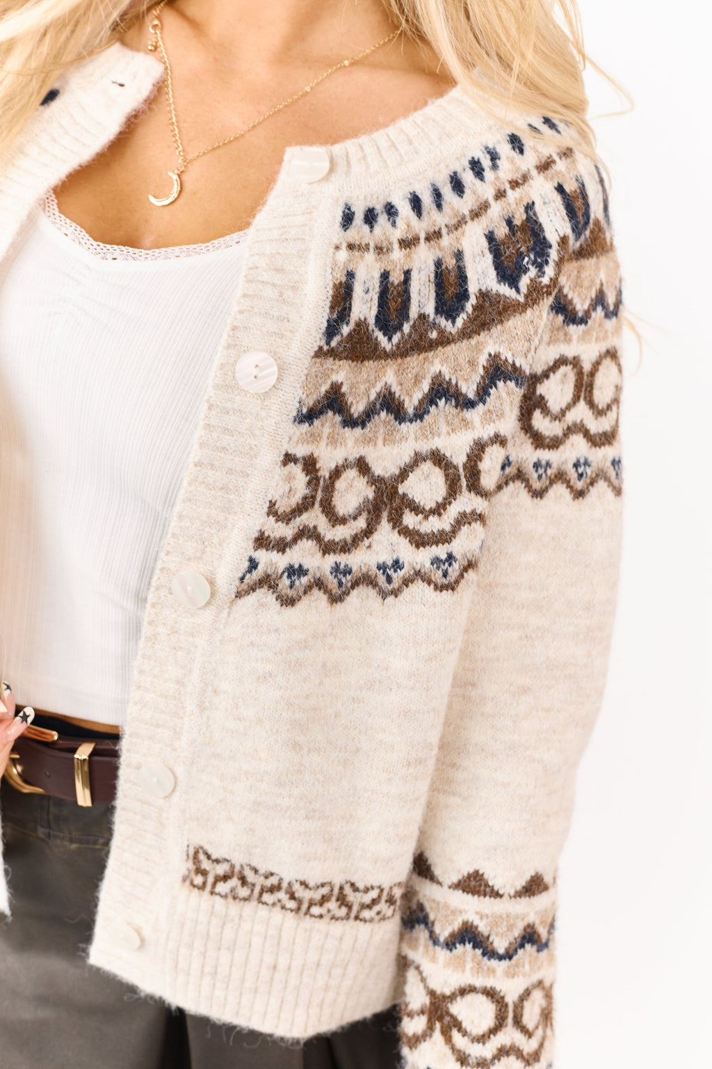 Almond Wool Blend Fair Isle Button Down Cardigan