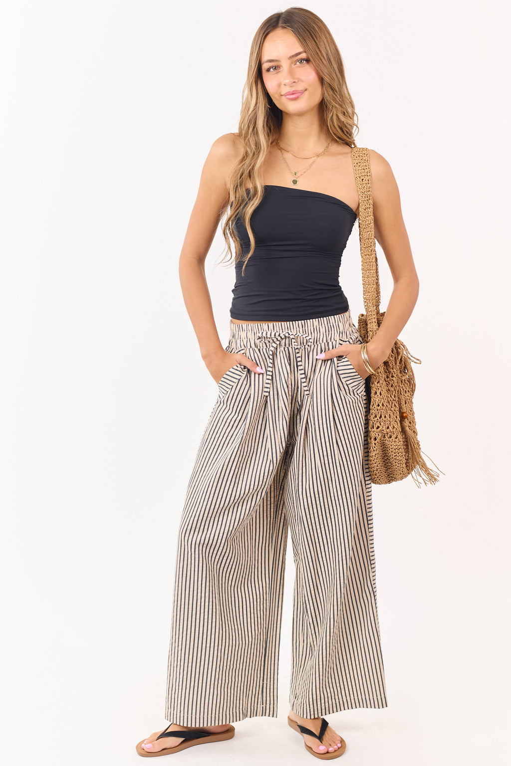 Almond and Black Striped Wide Leg Pants