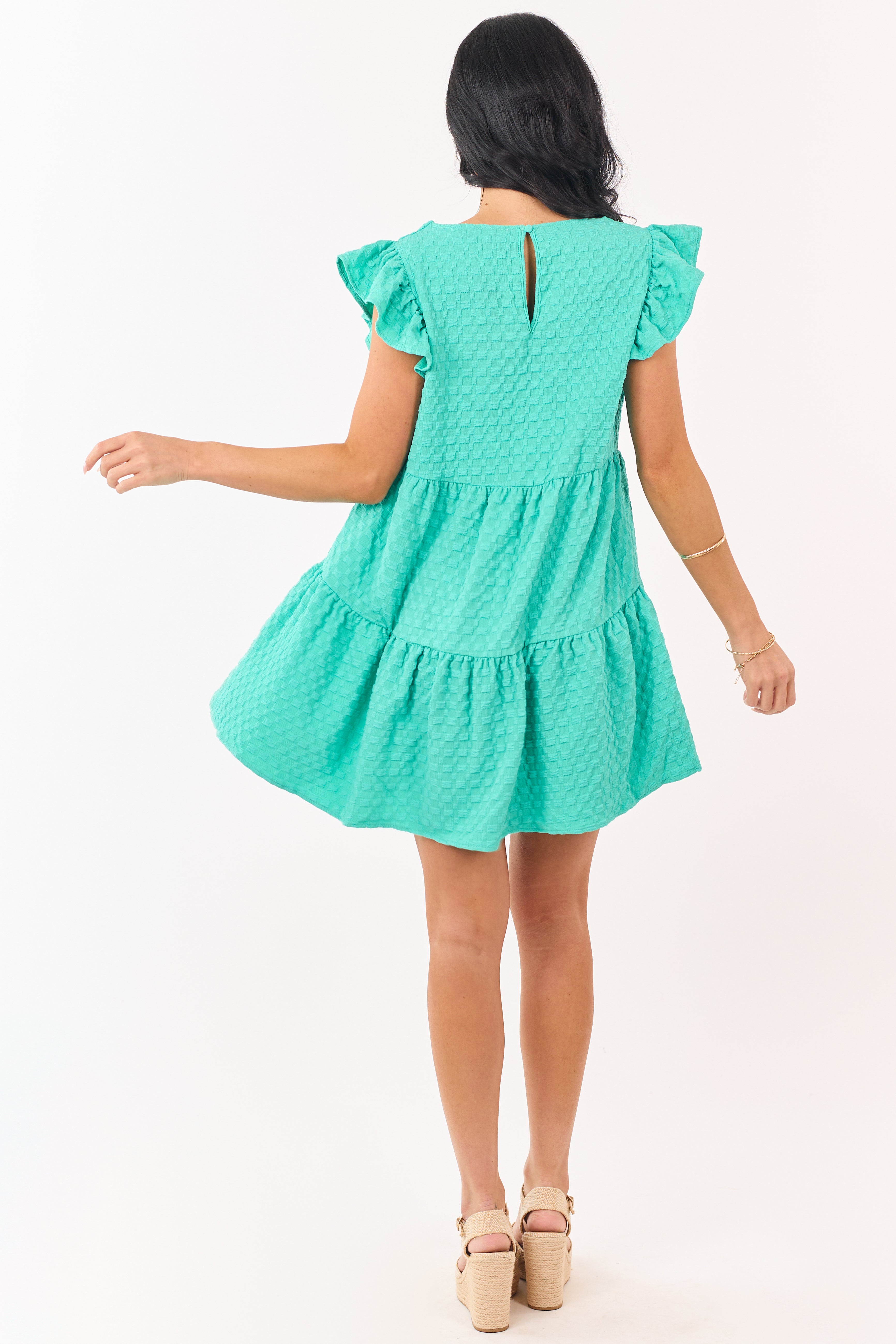 Aquamarine Textured Checkered Cap Sleeve Mini Dress