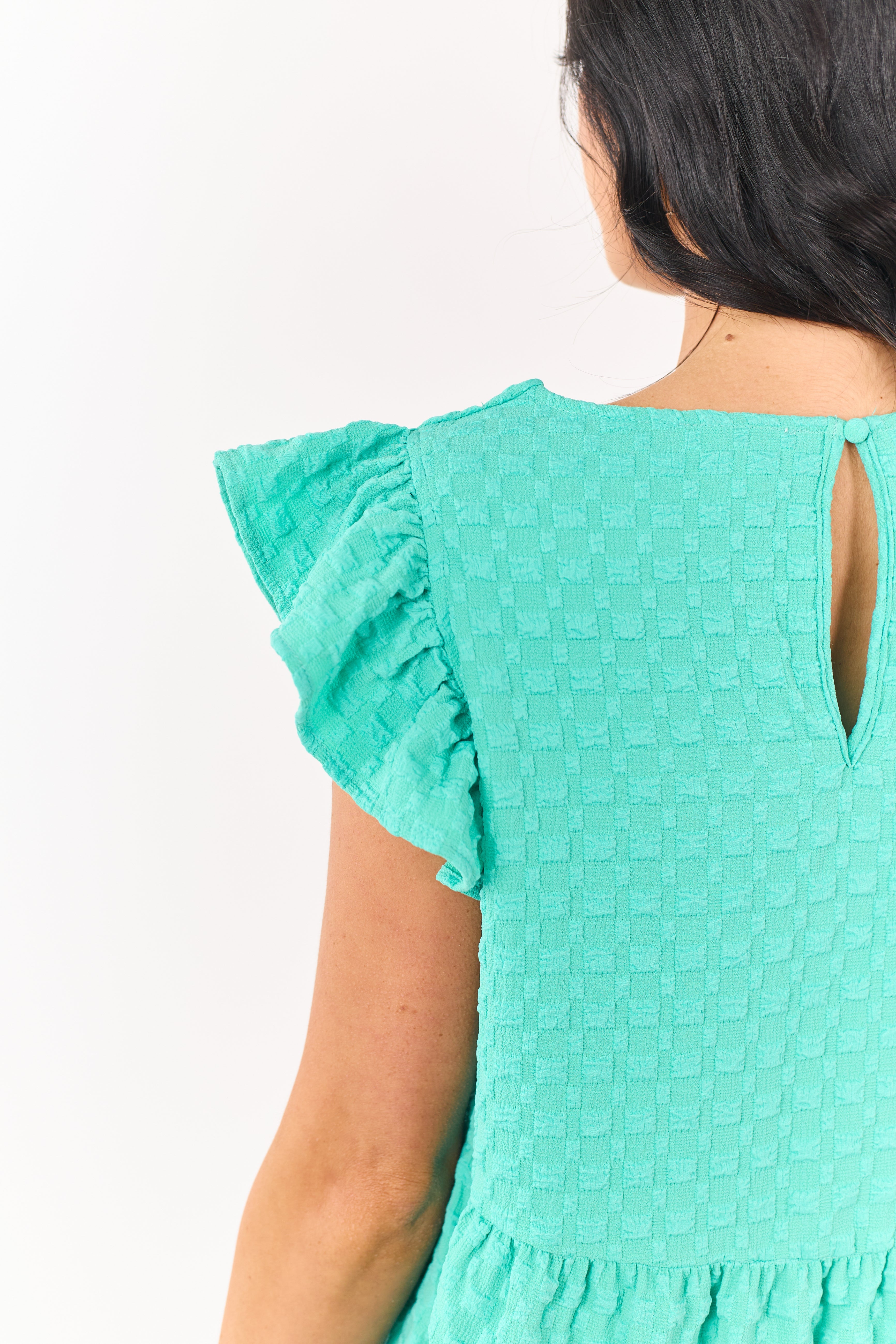 Aquamarine Textured Checkered Cap Sleeve Mini Dress