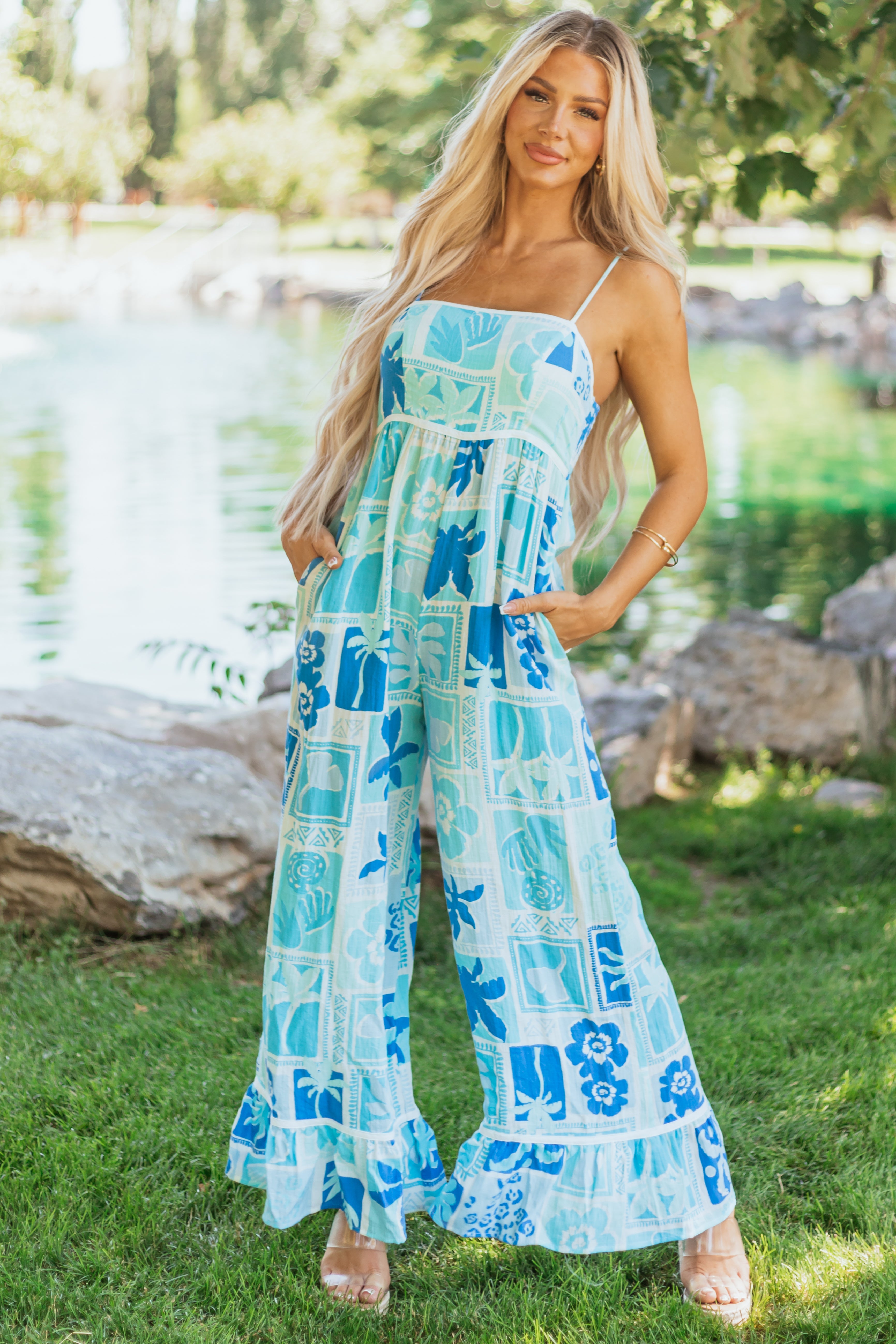 Baby Blue Tropical Print Wide Leg Jumpsuit