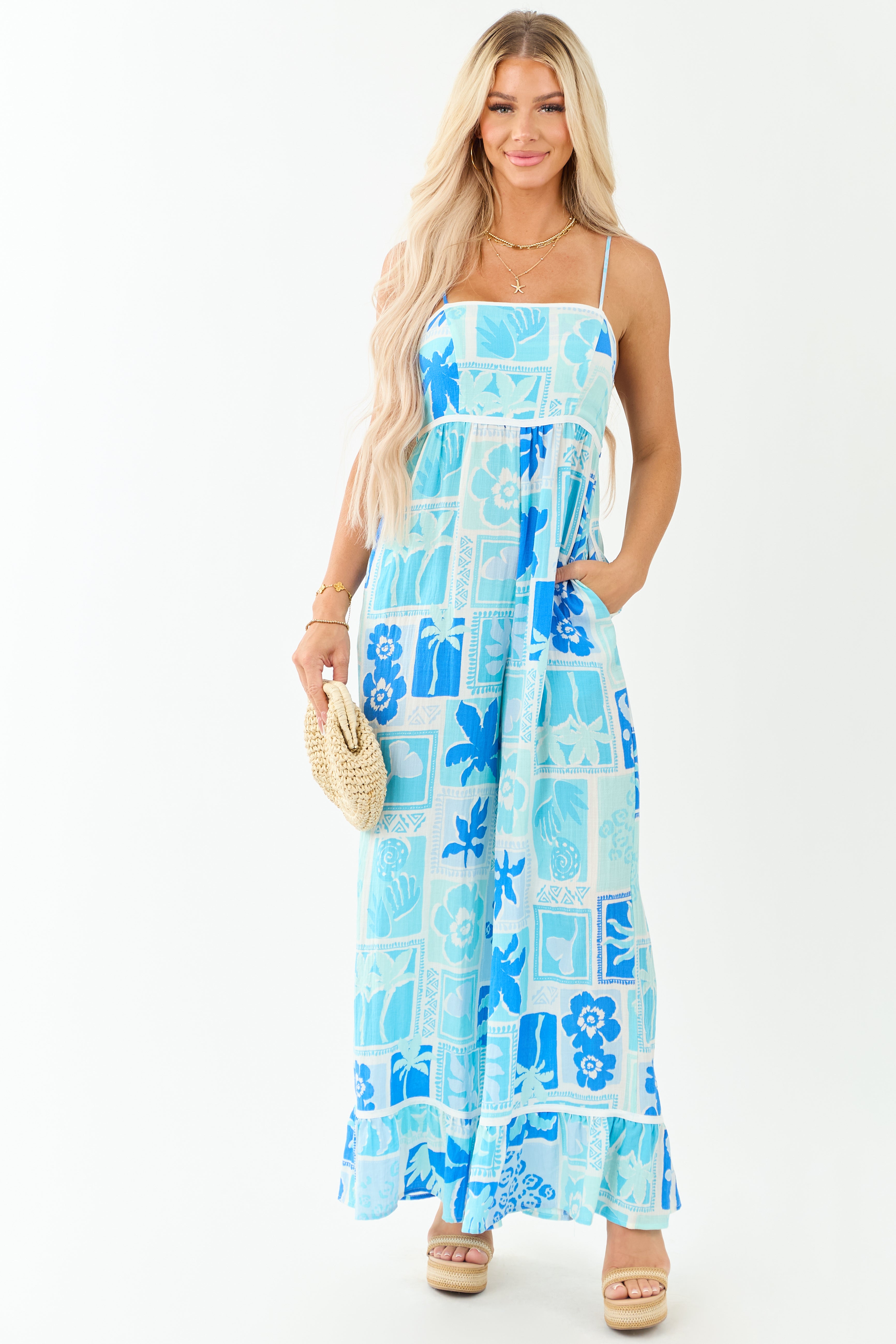 Baby Blue Tropical Print Wide Leg Jumpsuit