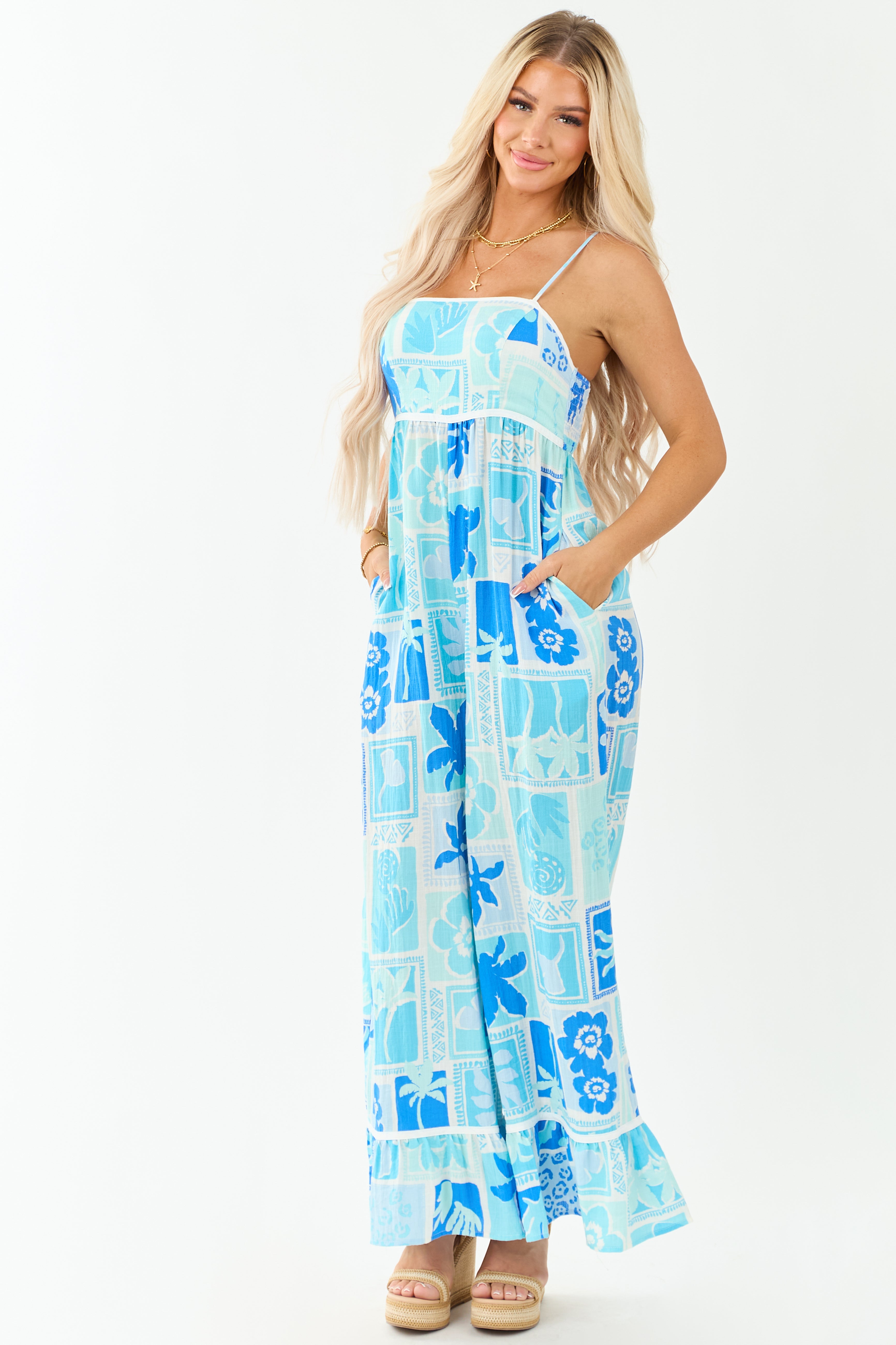 Baby Blue Tropical Print Wide Leg Jumpsuit