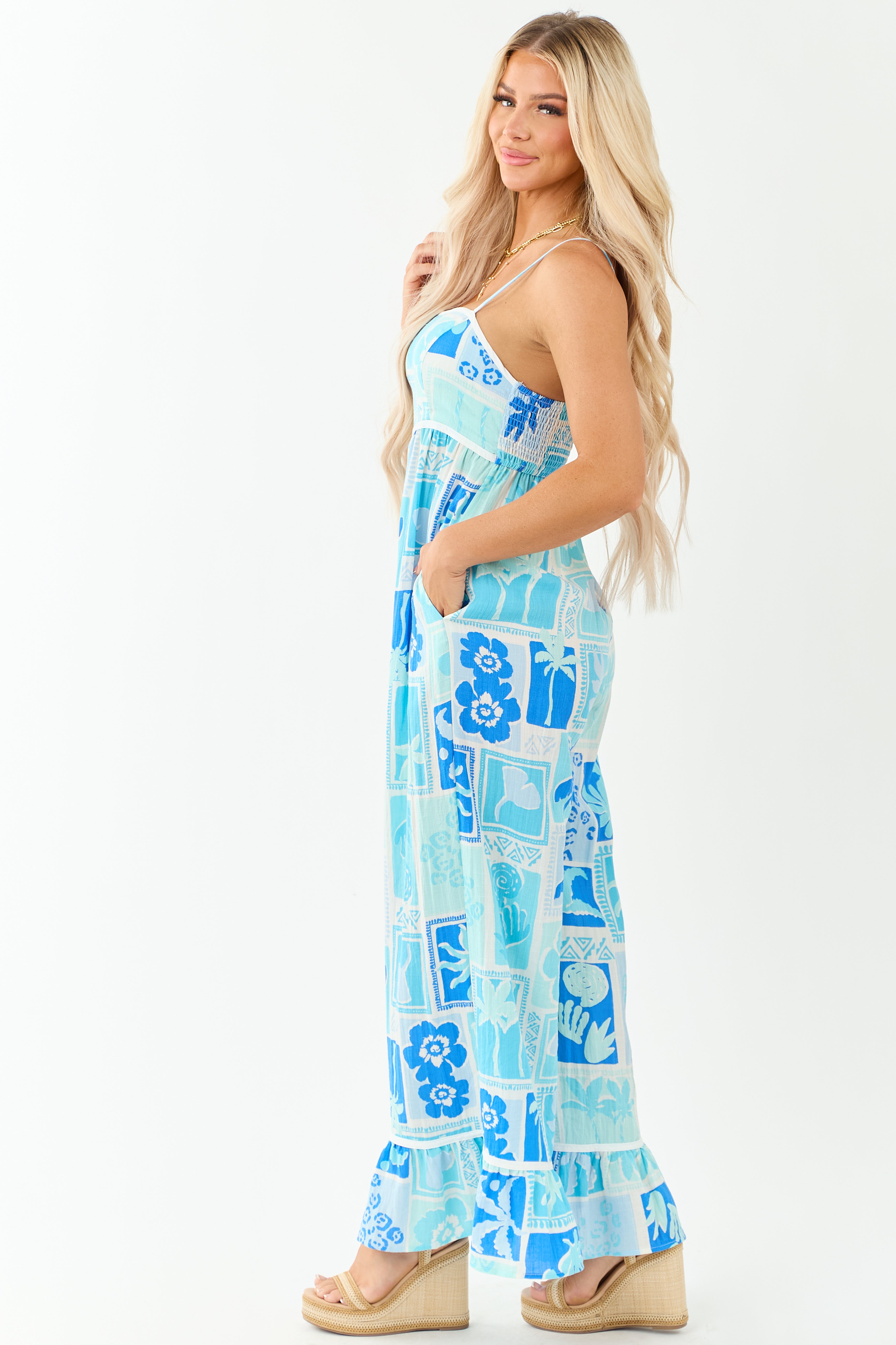 Baby Blue Tropical Print Wide Leg Jumpsuit