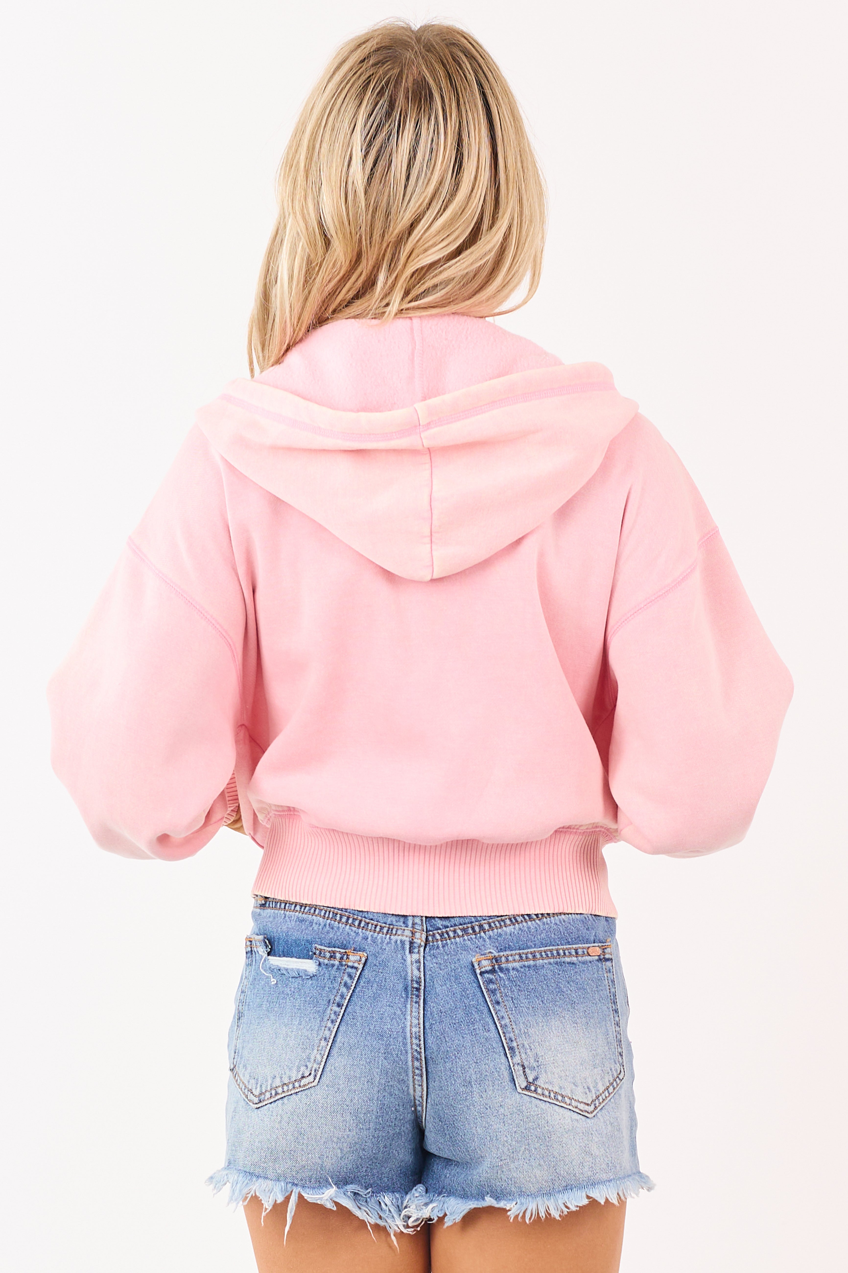 Baby Pink Acid Wash Fleece Lined Zip Up Hoodie