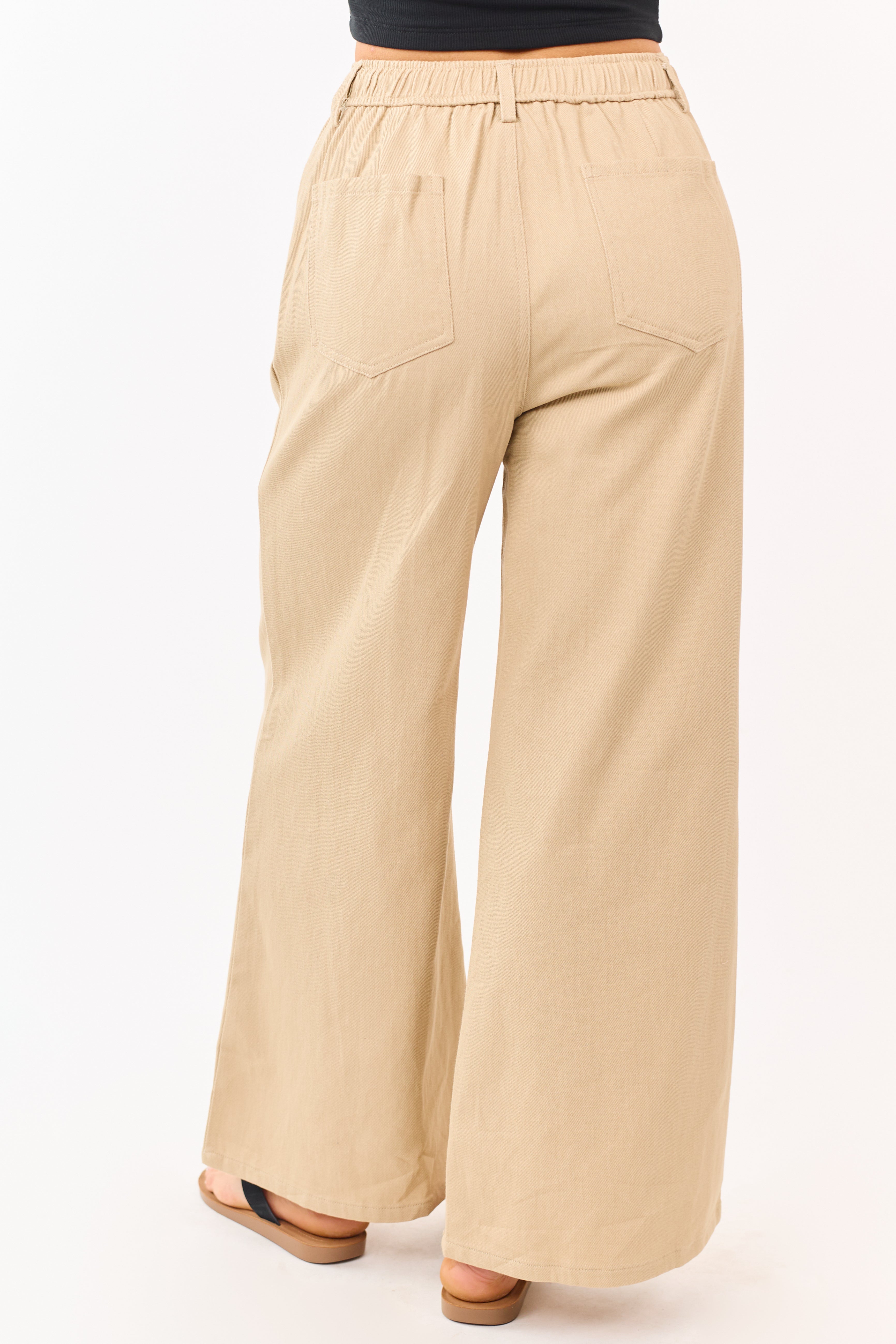 Beige Denim Elastic Waist Wide Leg Pants