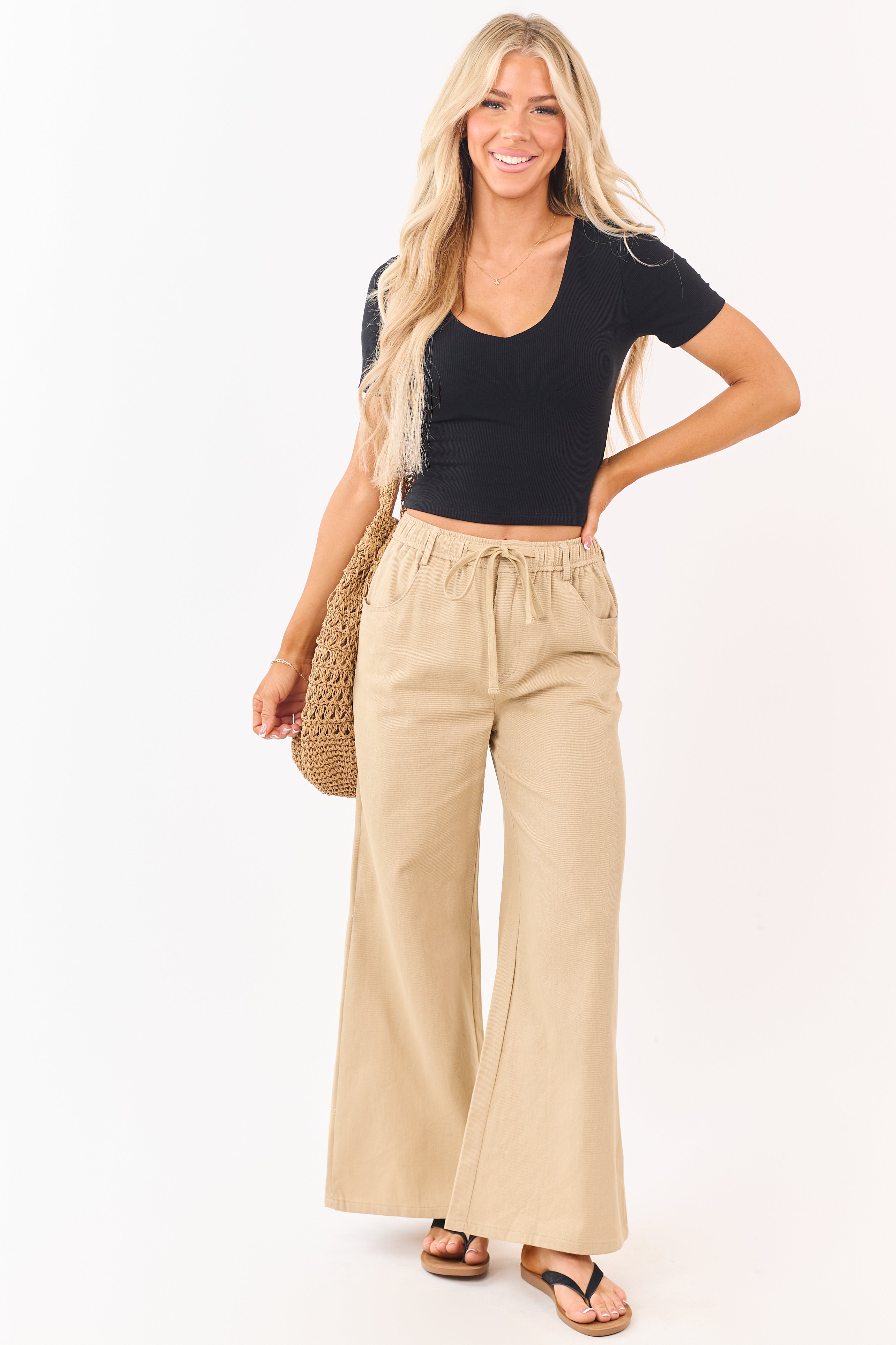 Beige Denim Elastic Waist Wide Leg Pants