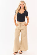 Beige Denim Elastic Waist Wide Leg Pants