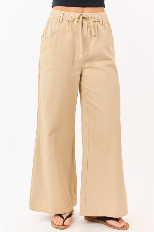 Beige Denim Elastic Waist Wide Leg Pants