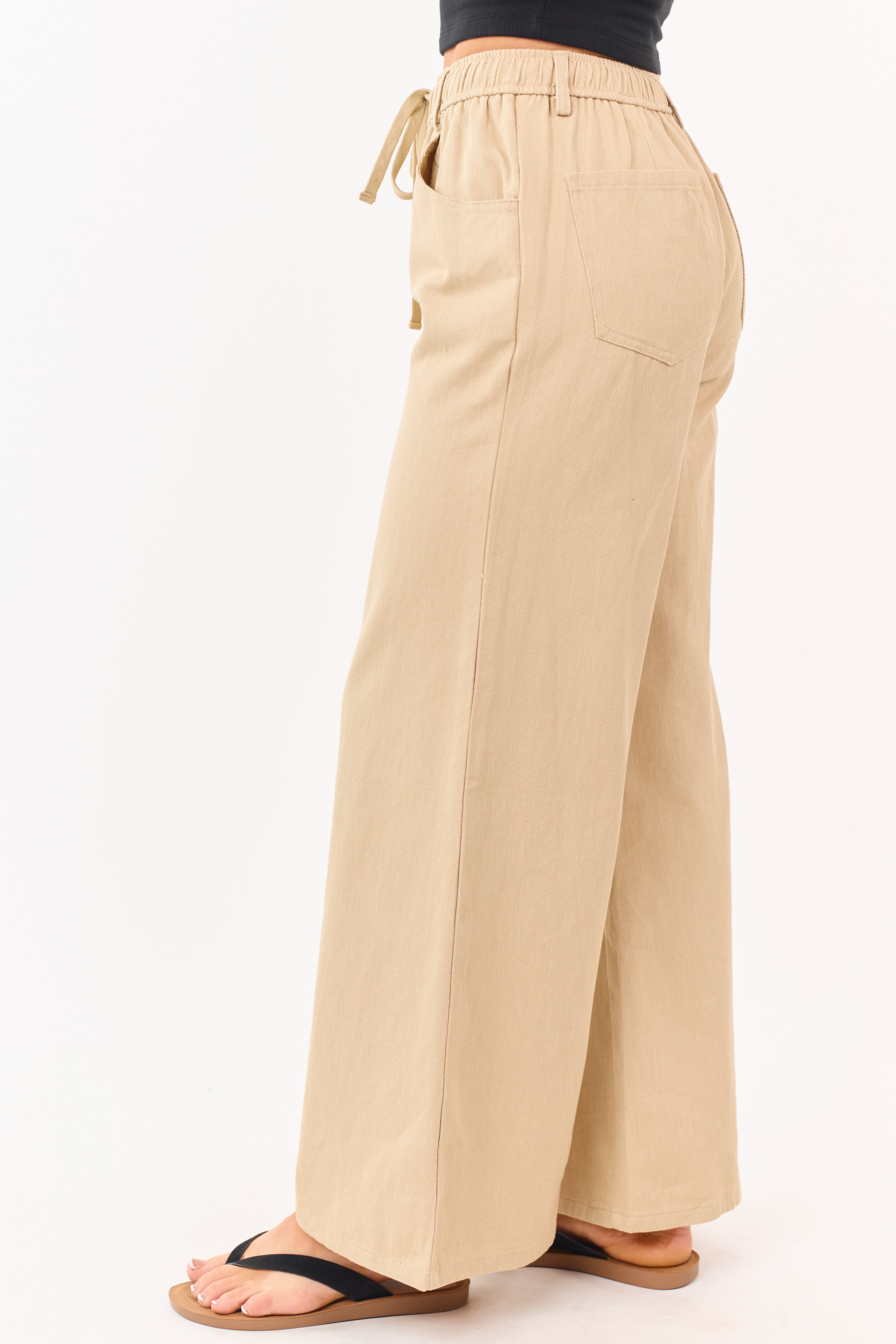 Beige Denim Elastic Waist Wide Leg Pants