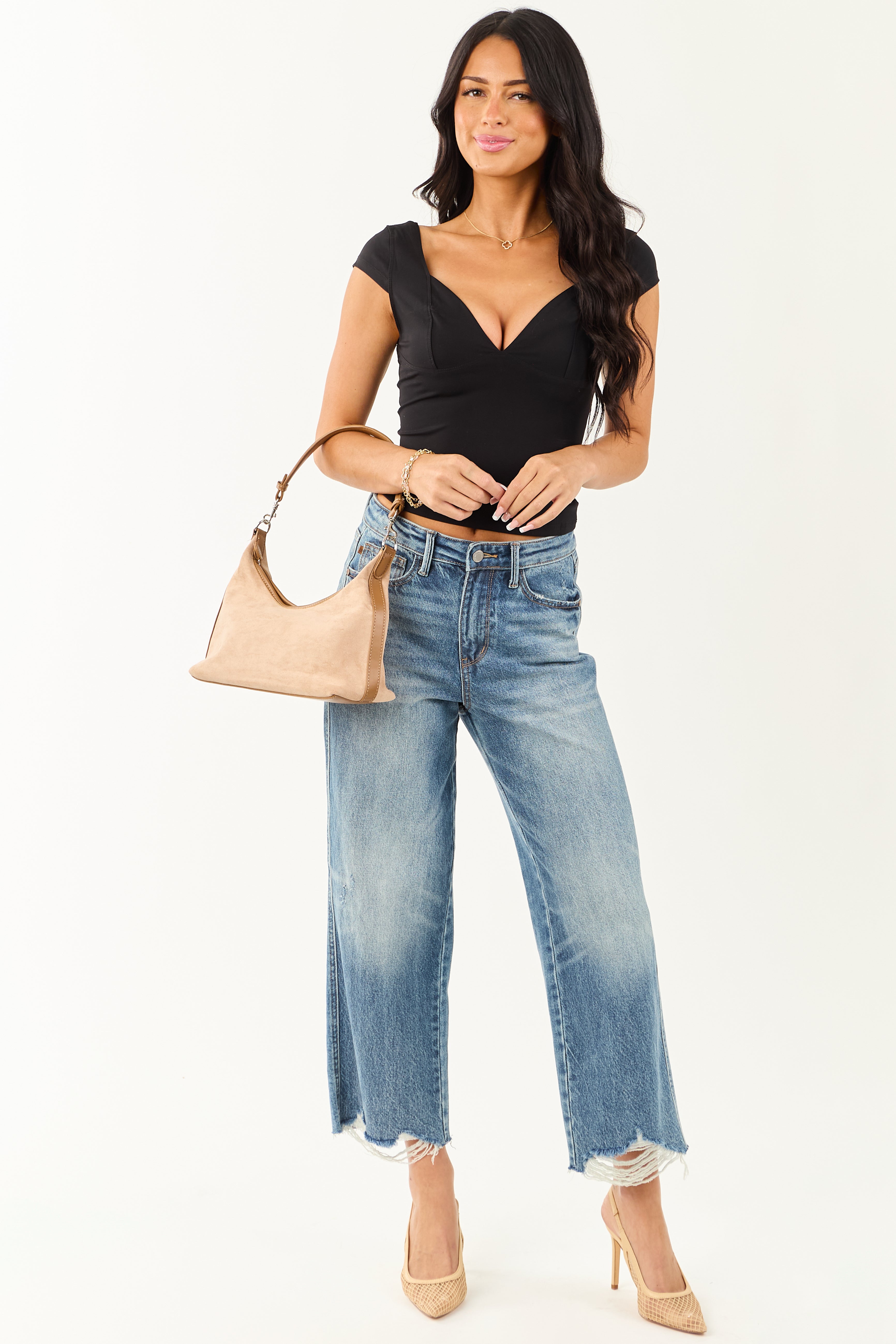 Black Cap Sleeve Fitted Crop Top