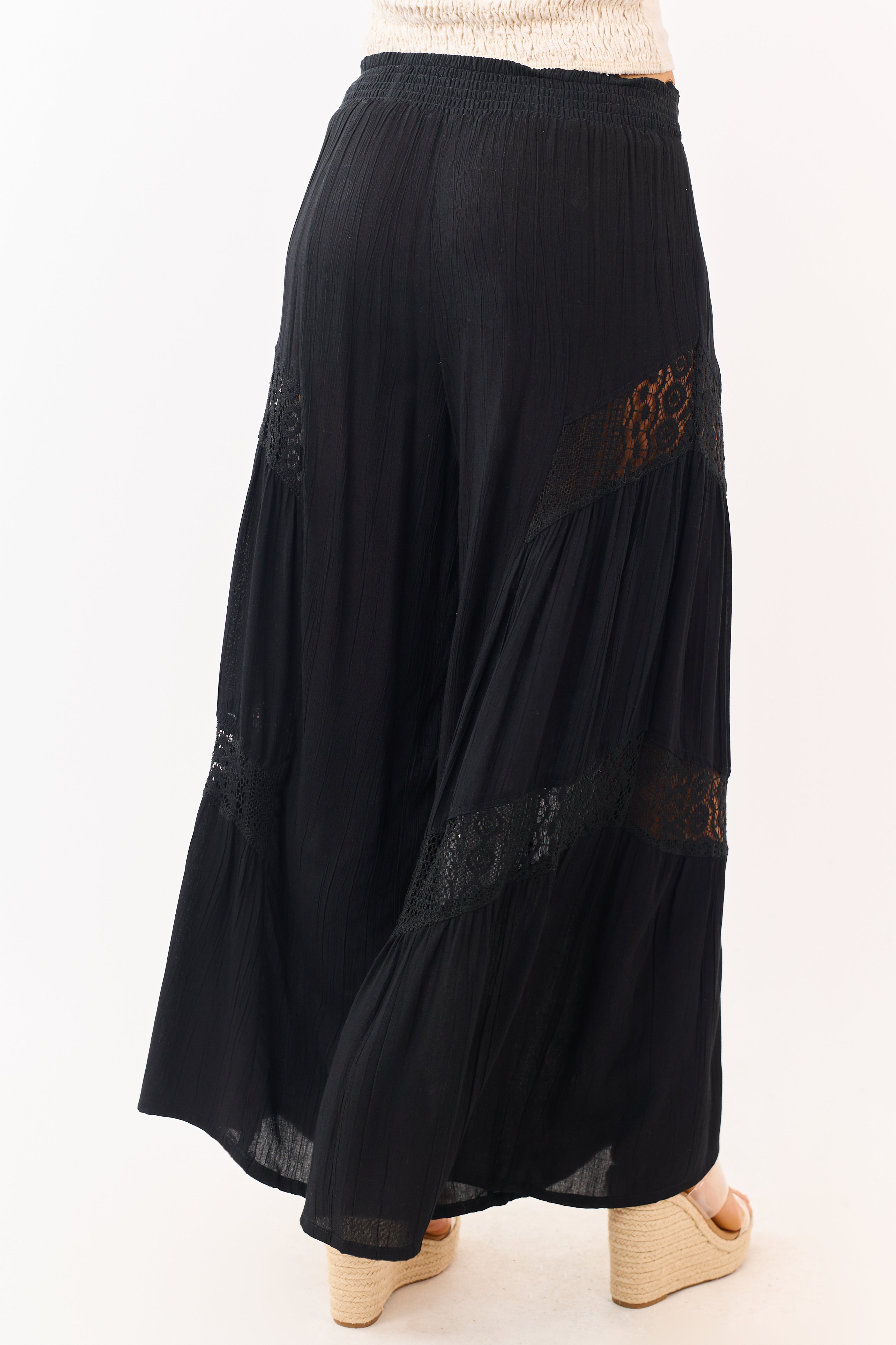 Black Crochet Lace Paneling Palazzo Leg Pants