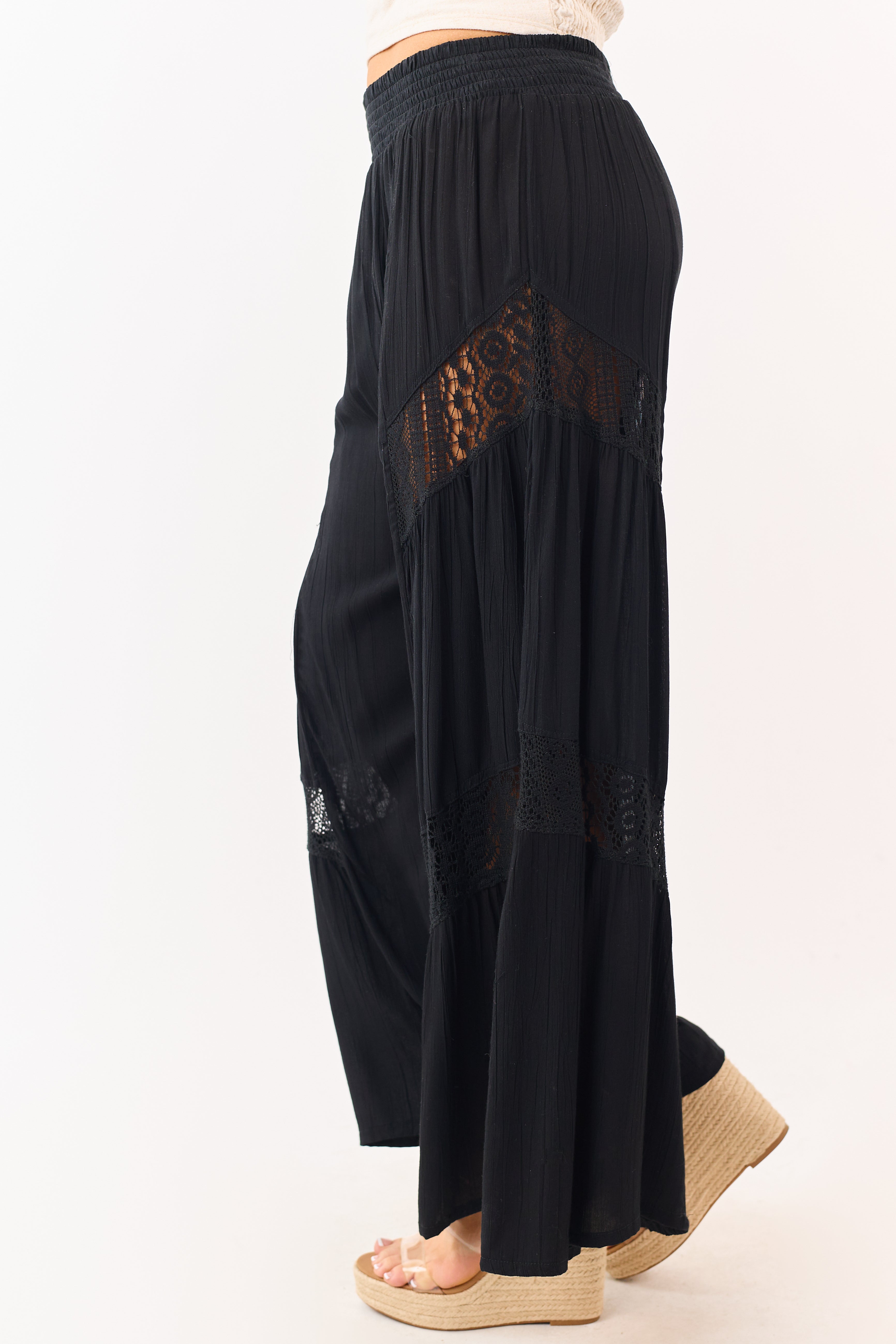 Black Crochet Lace Paneling Palazzo Leg Pants