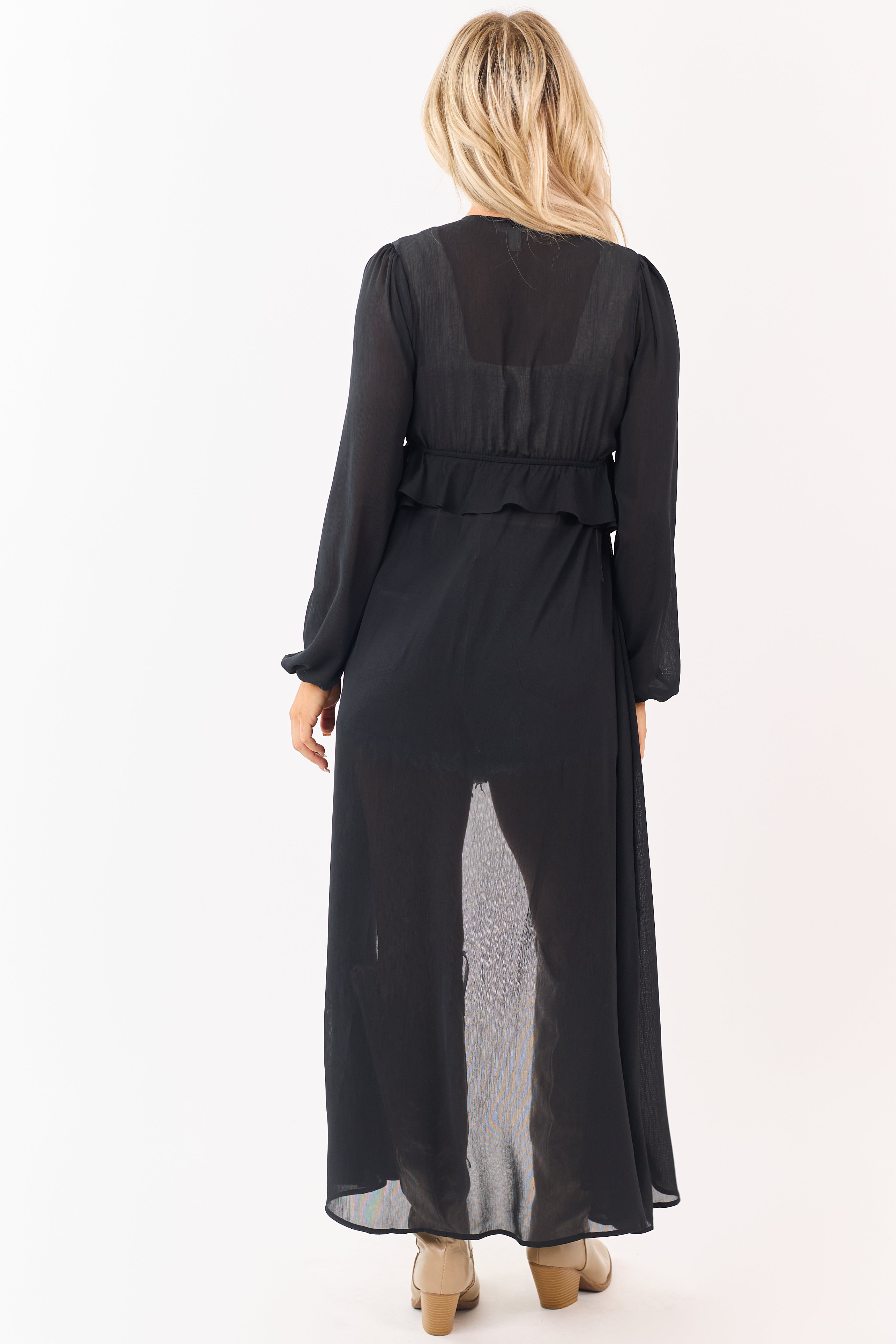 Black Front Tie Side Cut Out Sheer Duster Cardigan