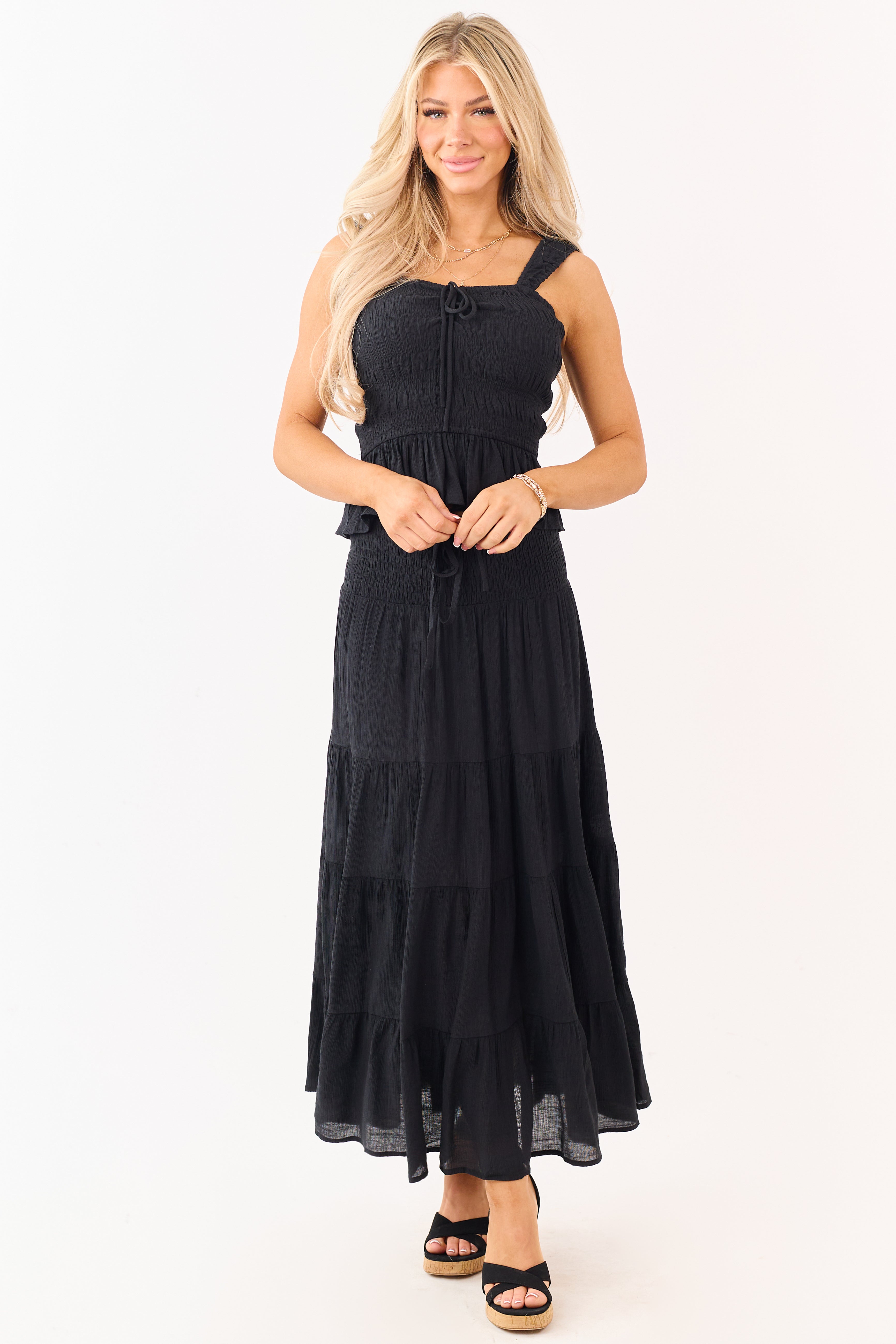 Black Smocked Bodice Ruffle Peplum Hem Tank Top