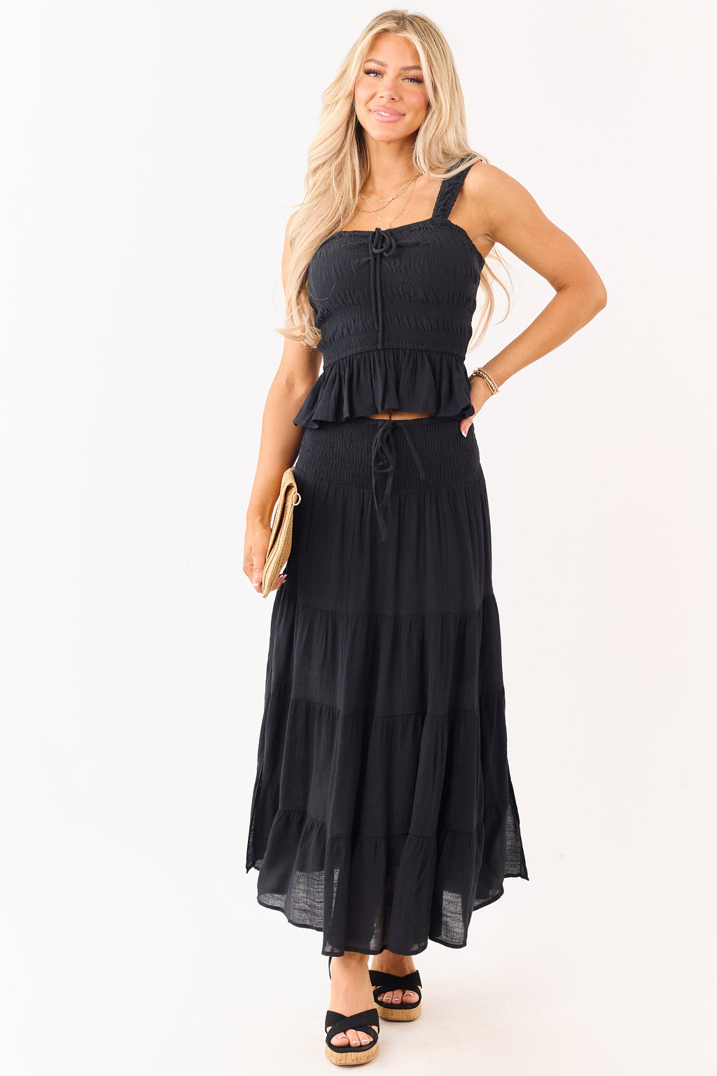 Black Smocked Bodice Ruffle Peplum Hem Tank Top