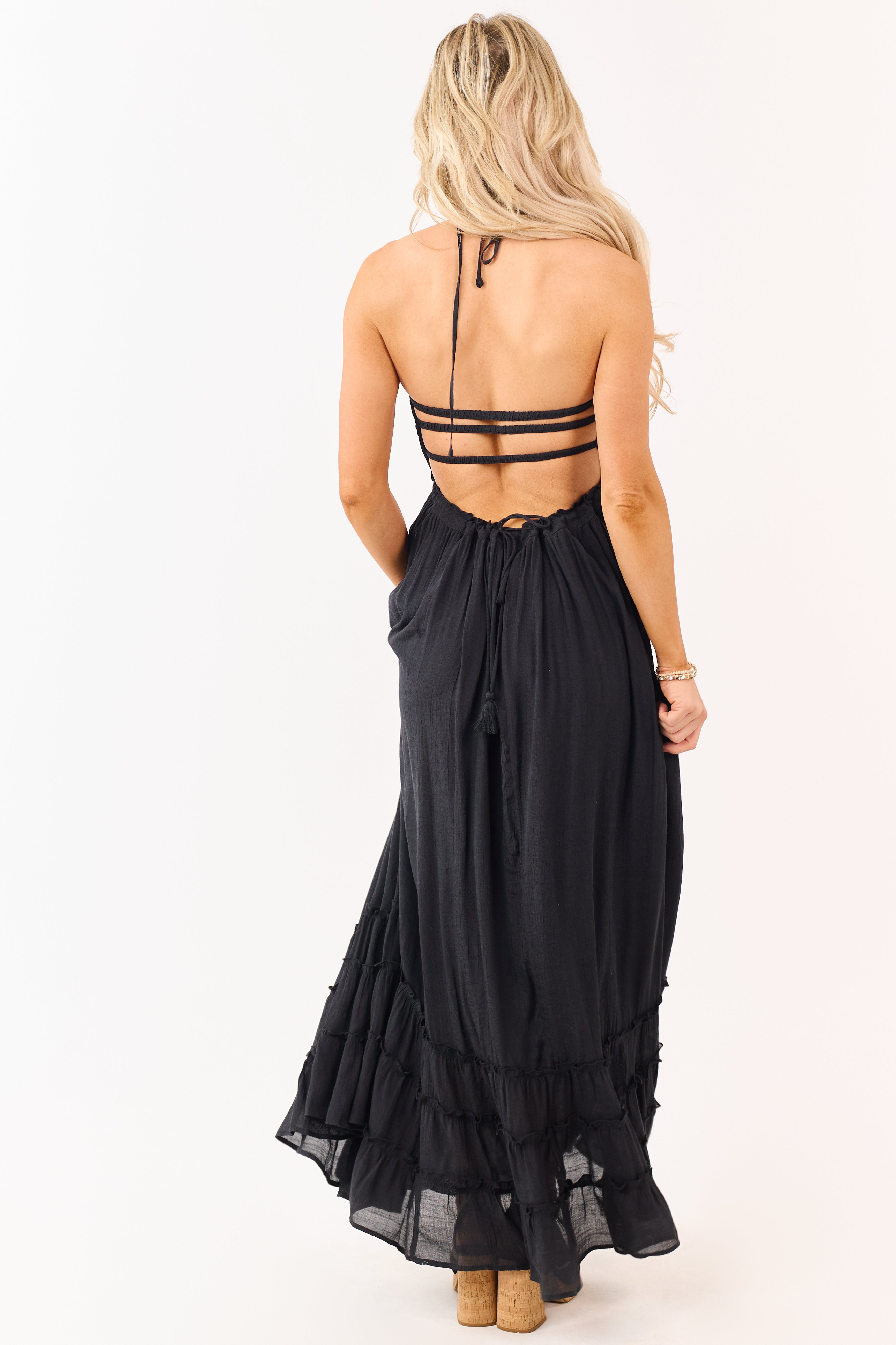 Black Smocked Open Back Halter Maxi Dress