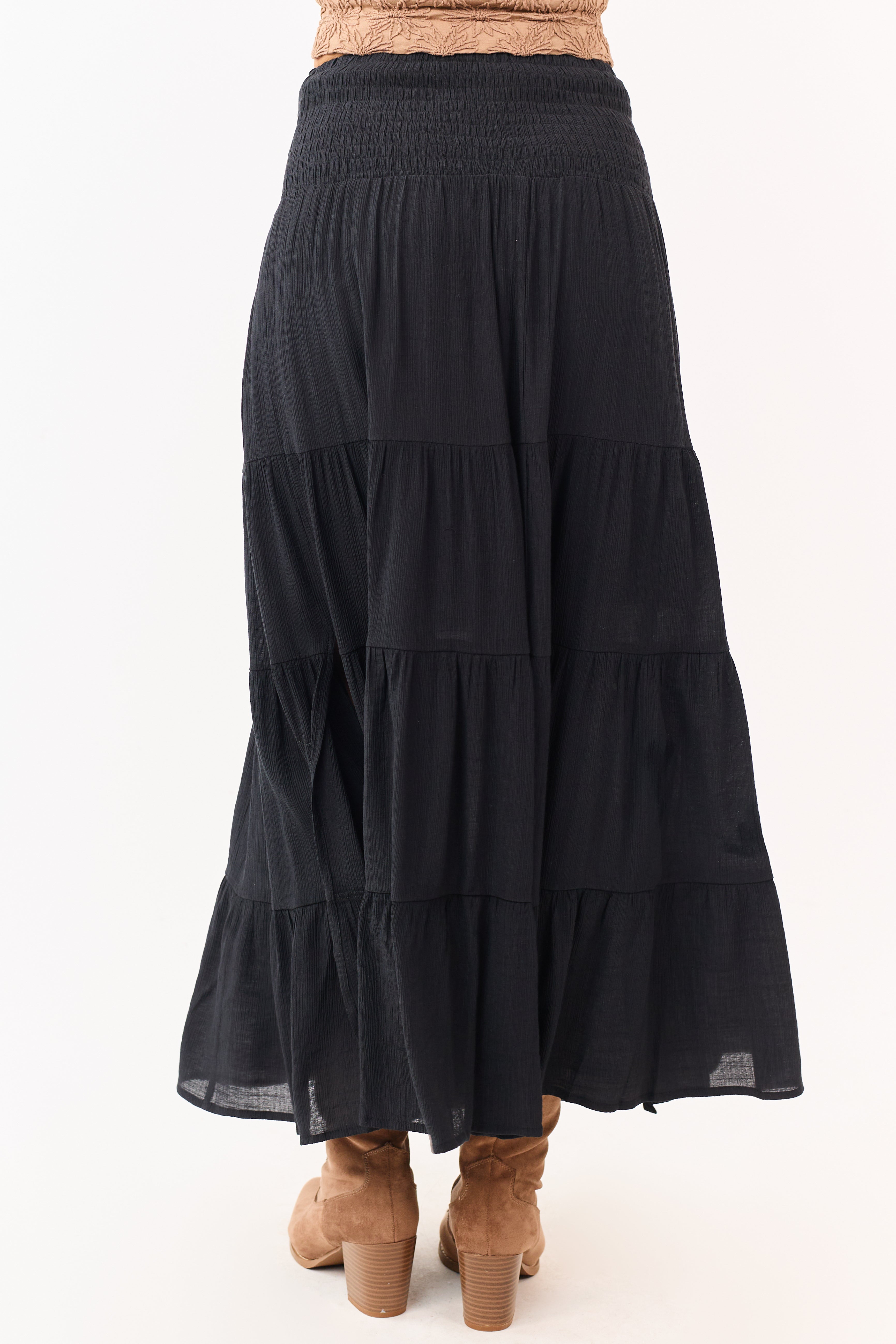 Black Smocked Waist Tiered Flowy Maxi Skirt