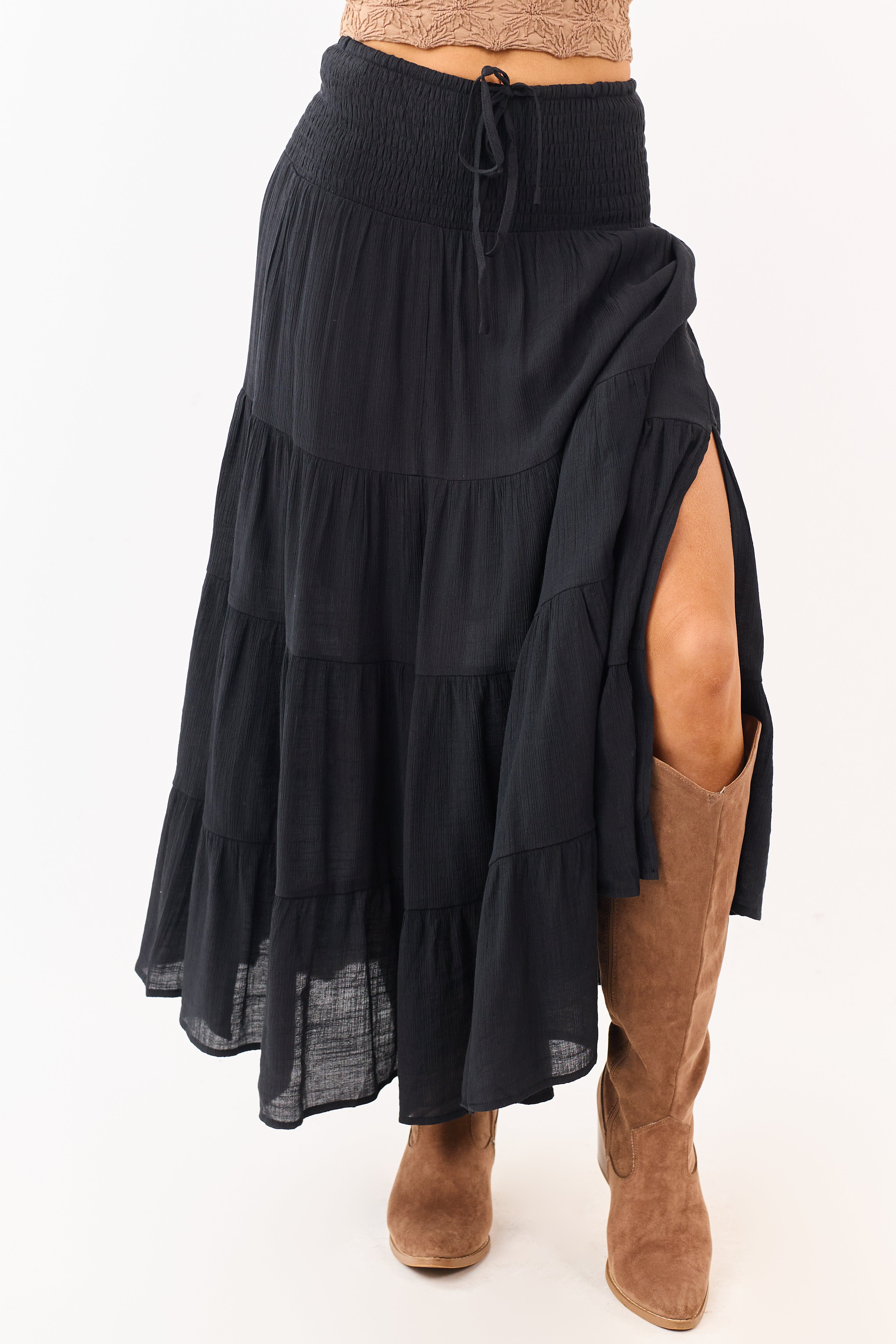 Black Smocked Waist Tiered Flowy Maxi Skirt