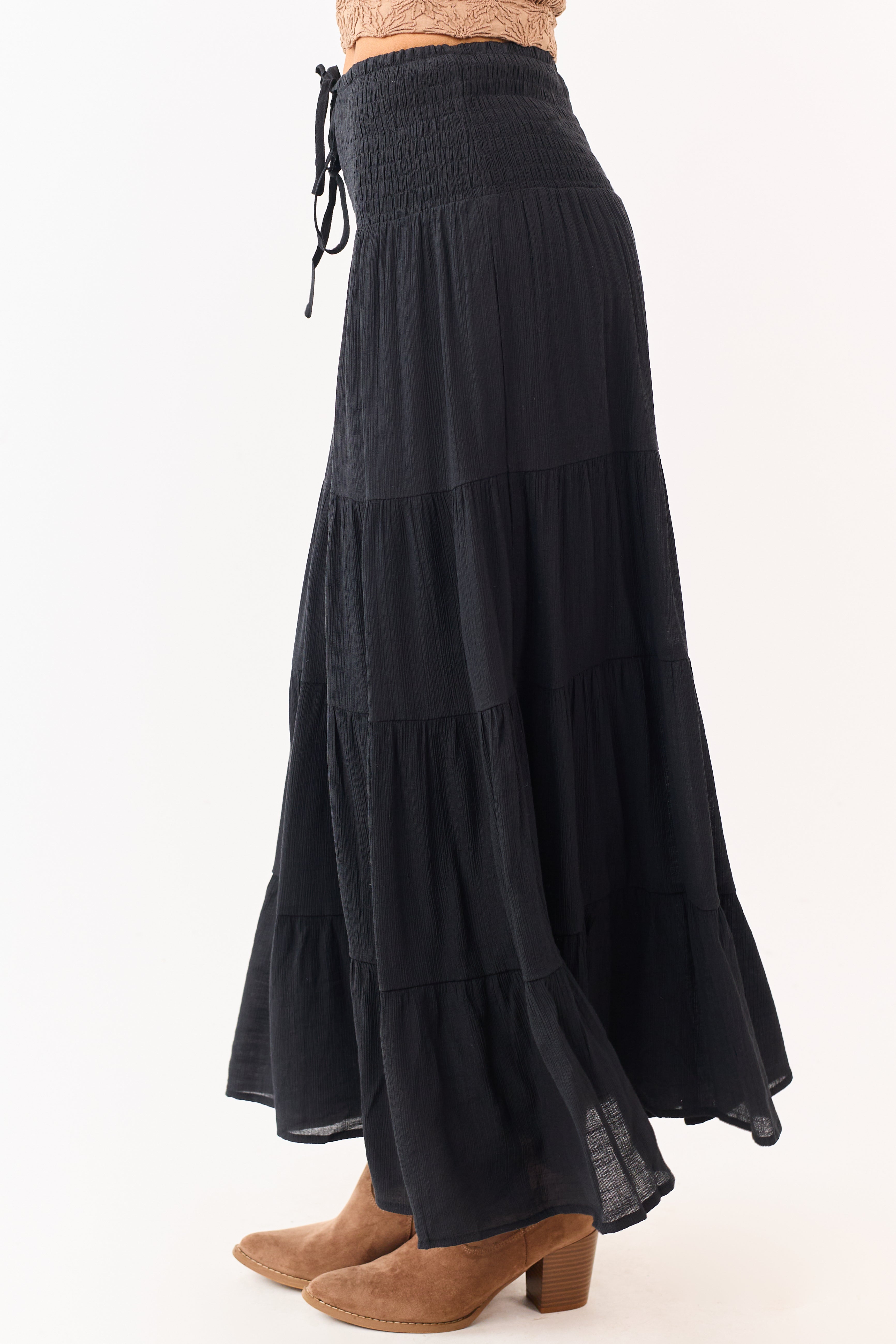 Black Smocked Waist Tiered Flowy Maxi Skirt
