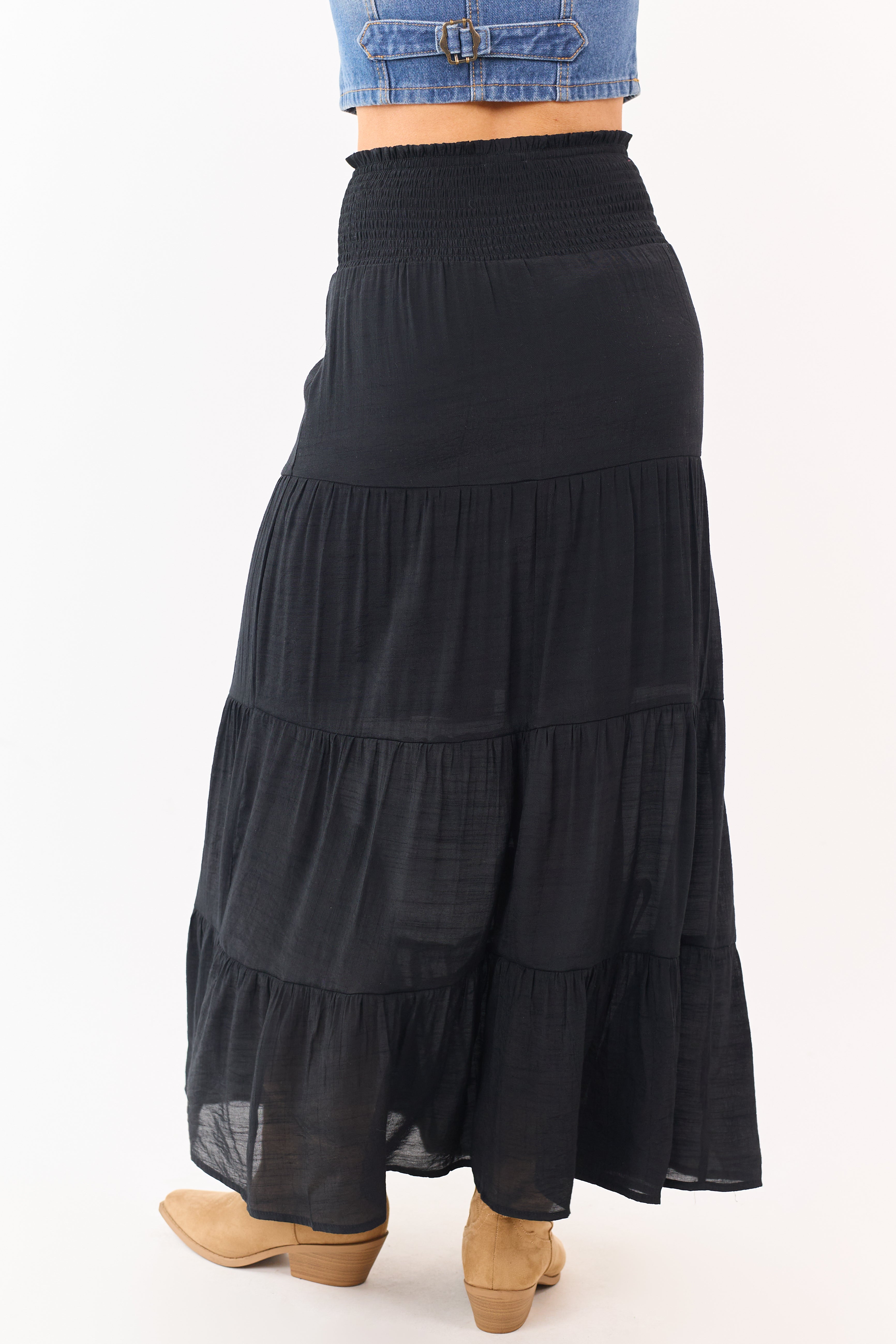 Black Smocked Waist Tiered Maxi Skirt