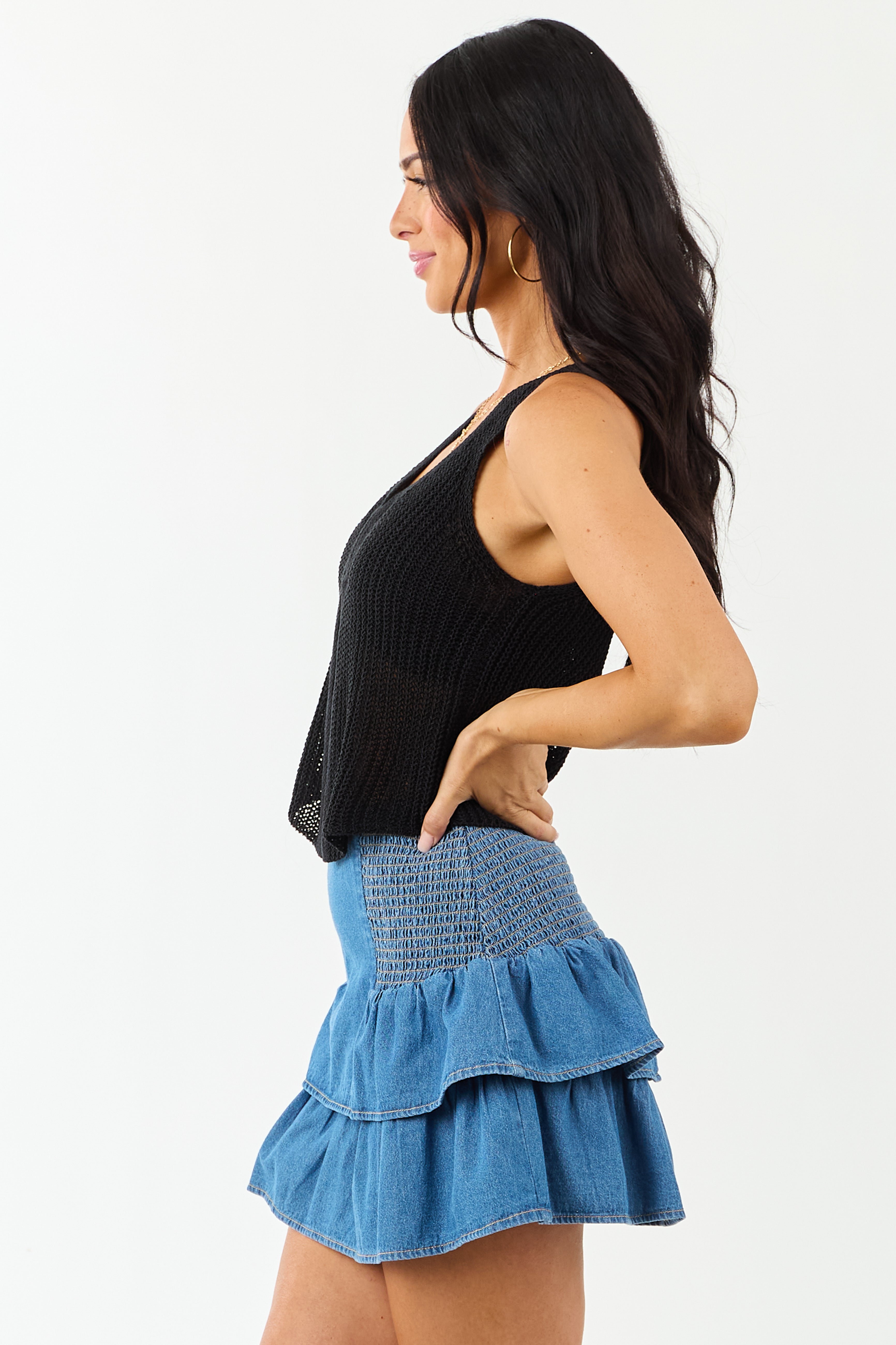 Black V Neck Cropped Rib Knit Vest