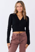 Black Zip Up Hooded Cropped Knit Jacket