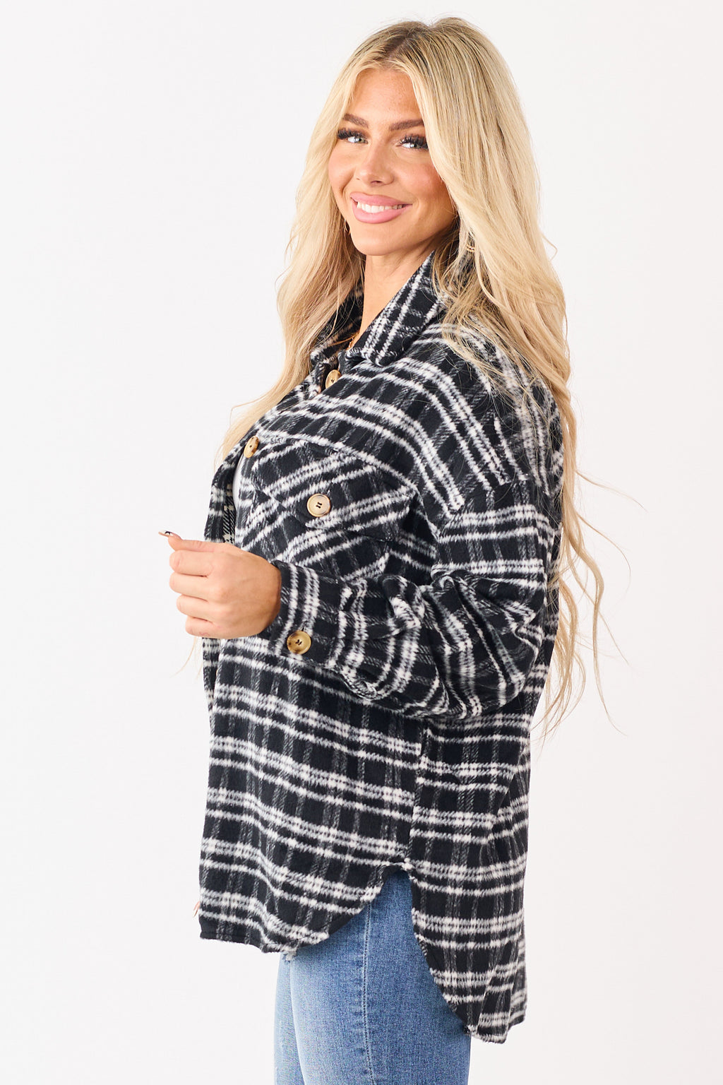 Black and Ivory Plaid Button Down Shacket