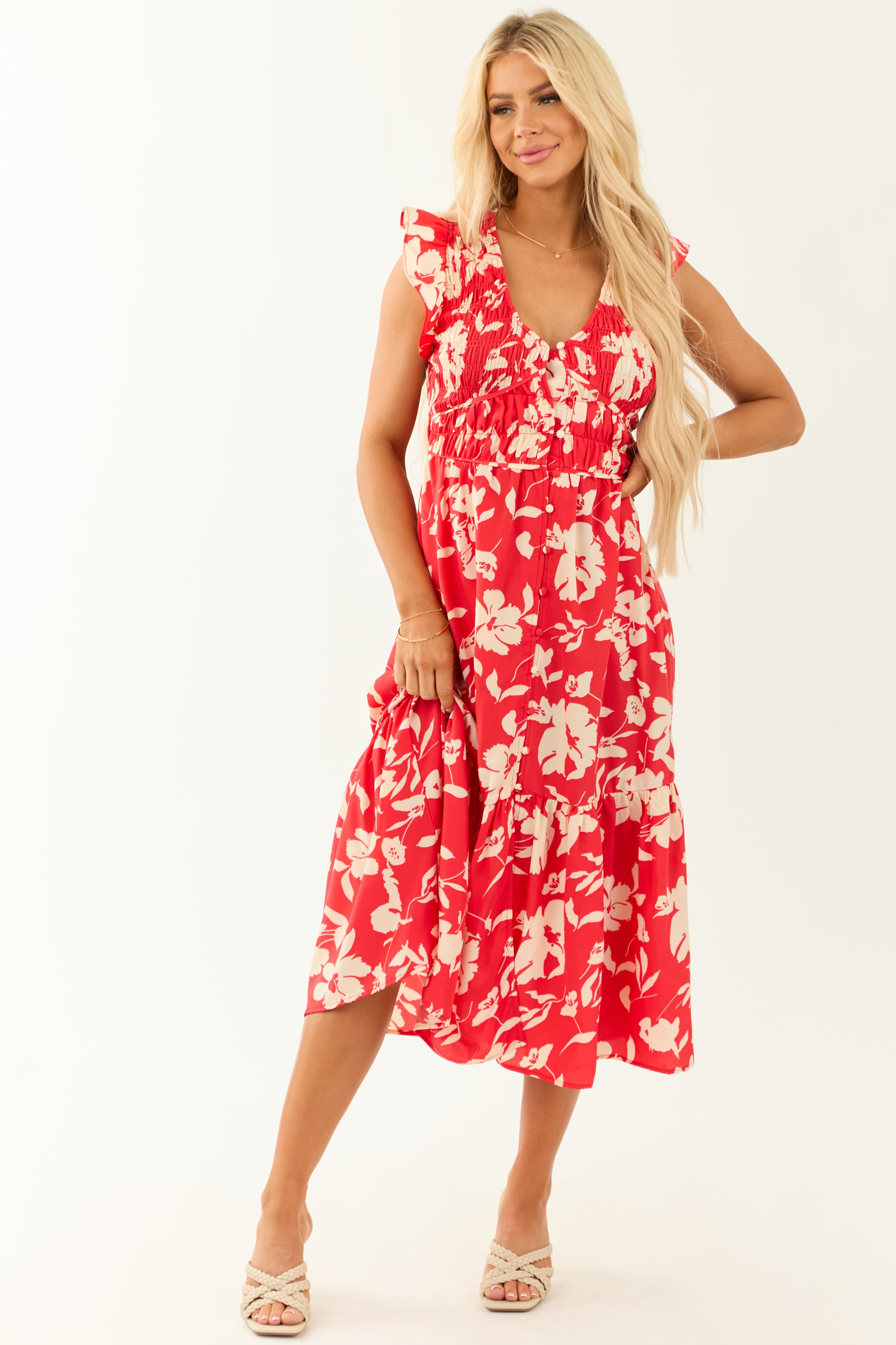 Lipstick V Neck Floral Print Button Down Midi Dress