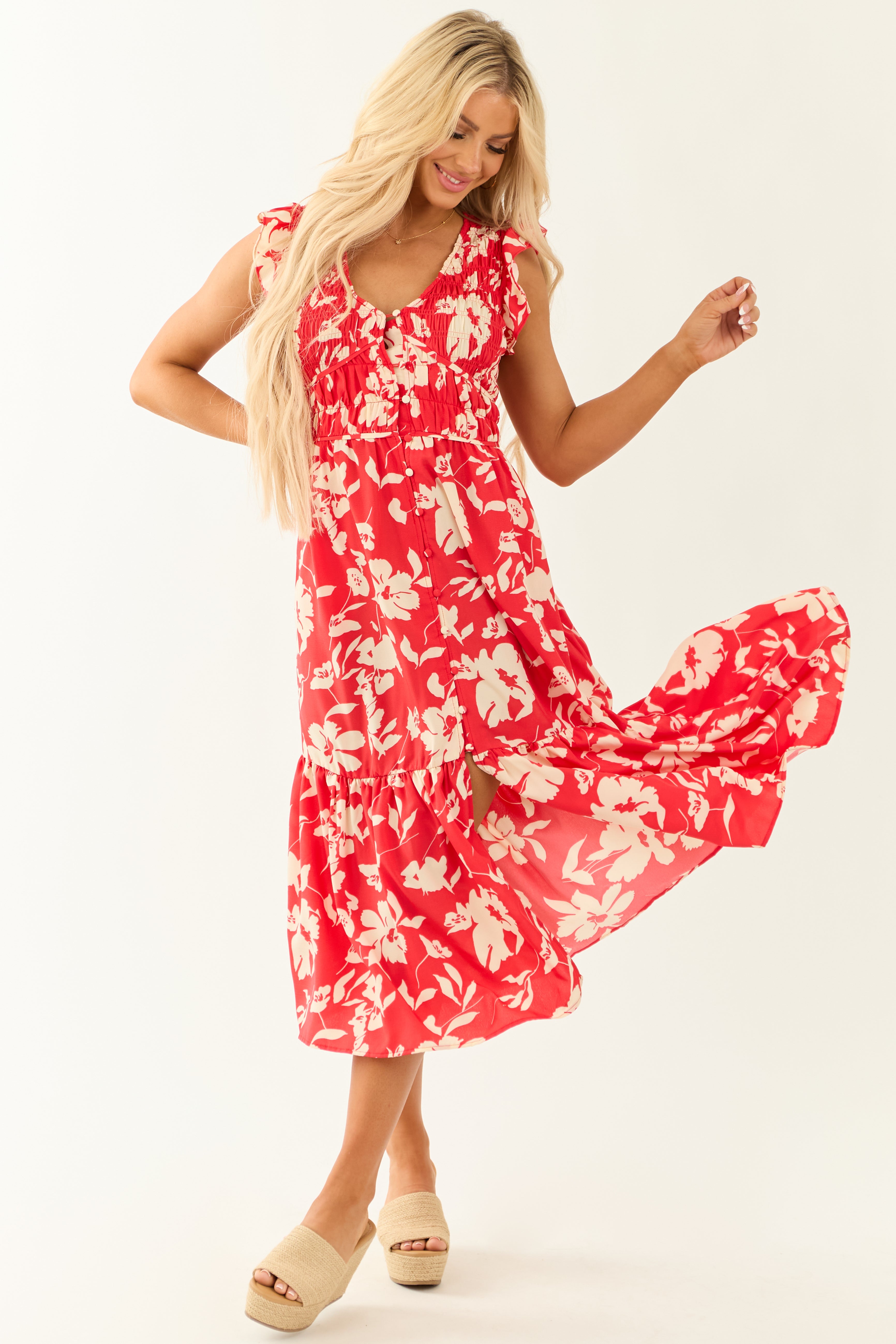 Lipstick V Neck Floral Print Button Down Midi Dress