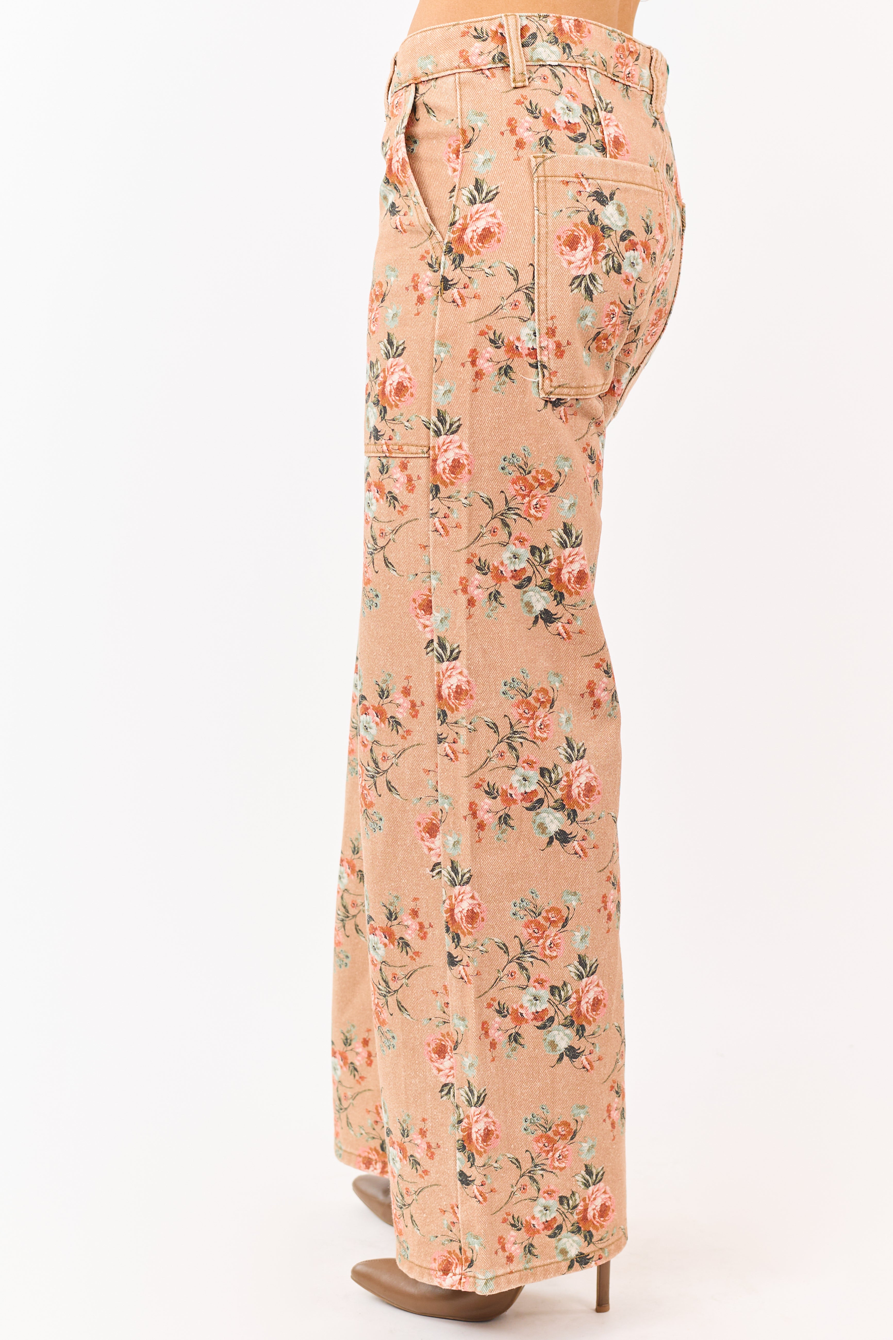 Camel Rose Print Wide Leg High Rise Jeans