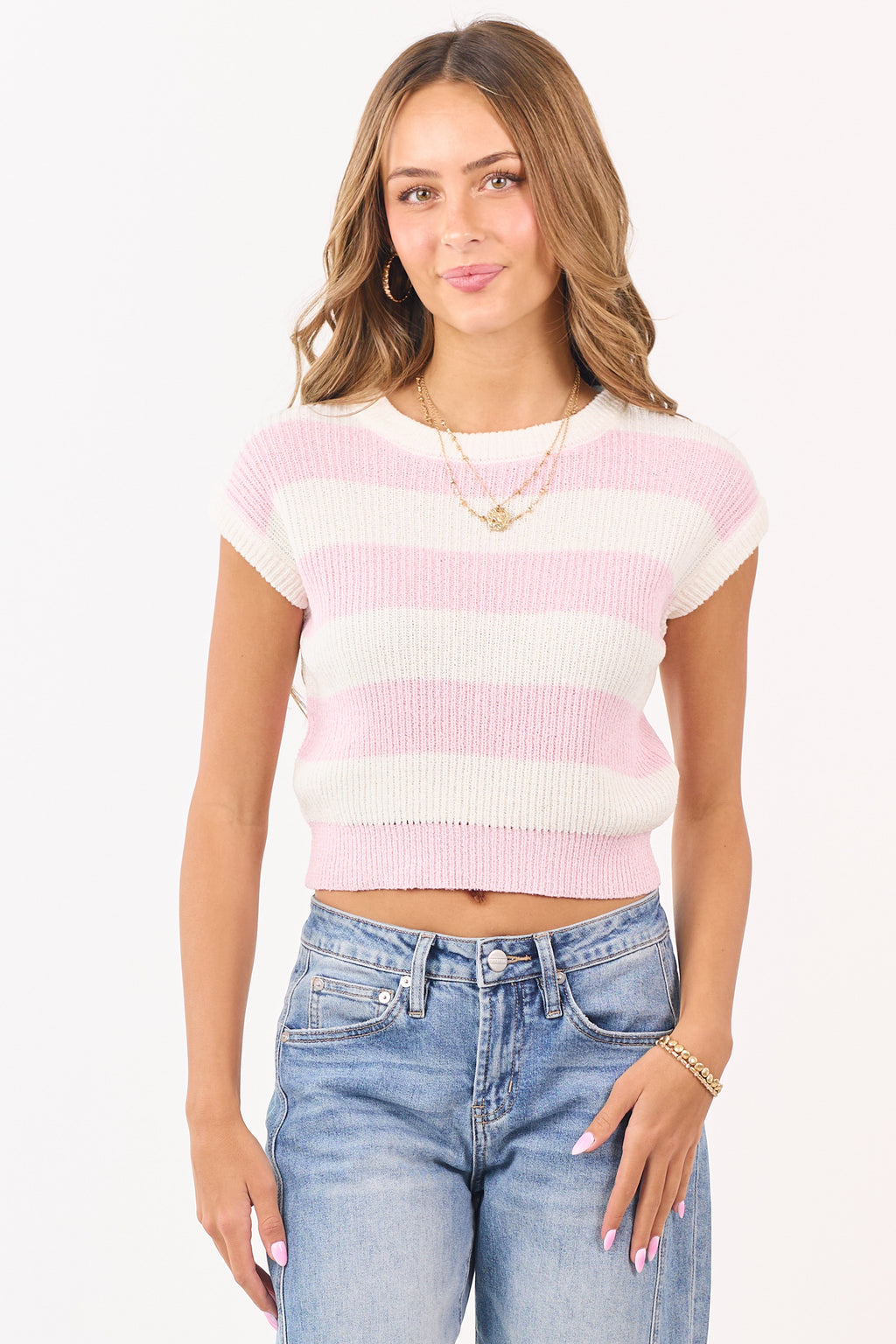Carnation and Cream Striped Short Sleeve Sweater Top