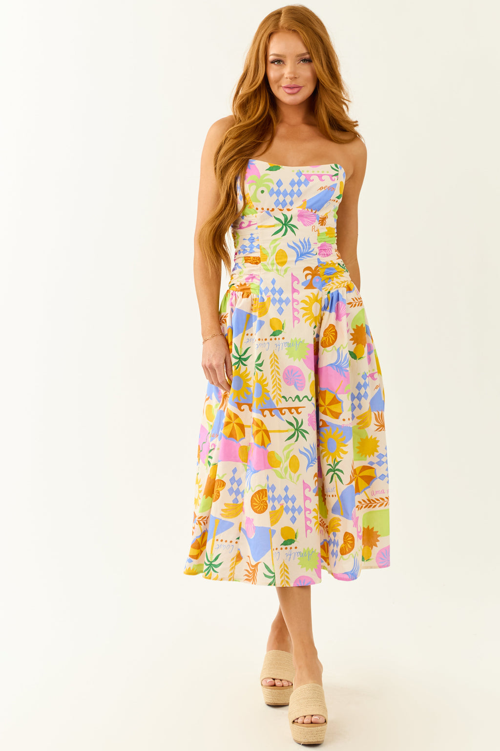 Champagne Abstract Print Strapless Cotton Midi Dress