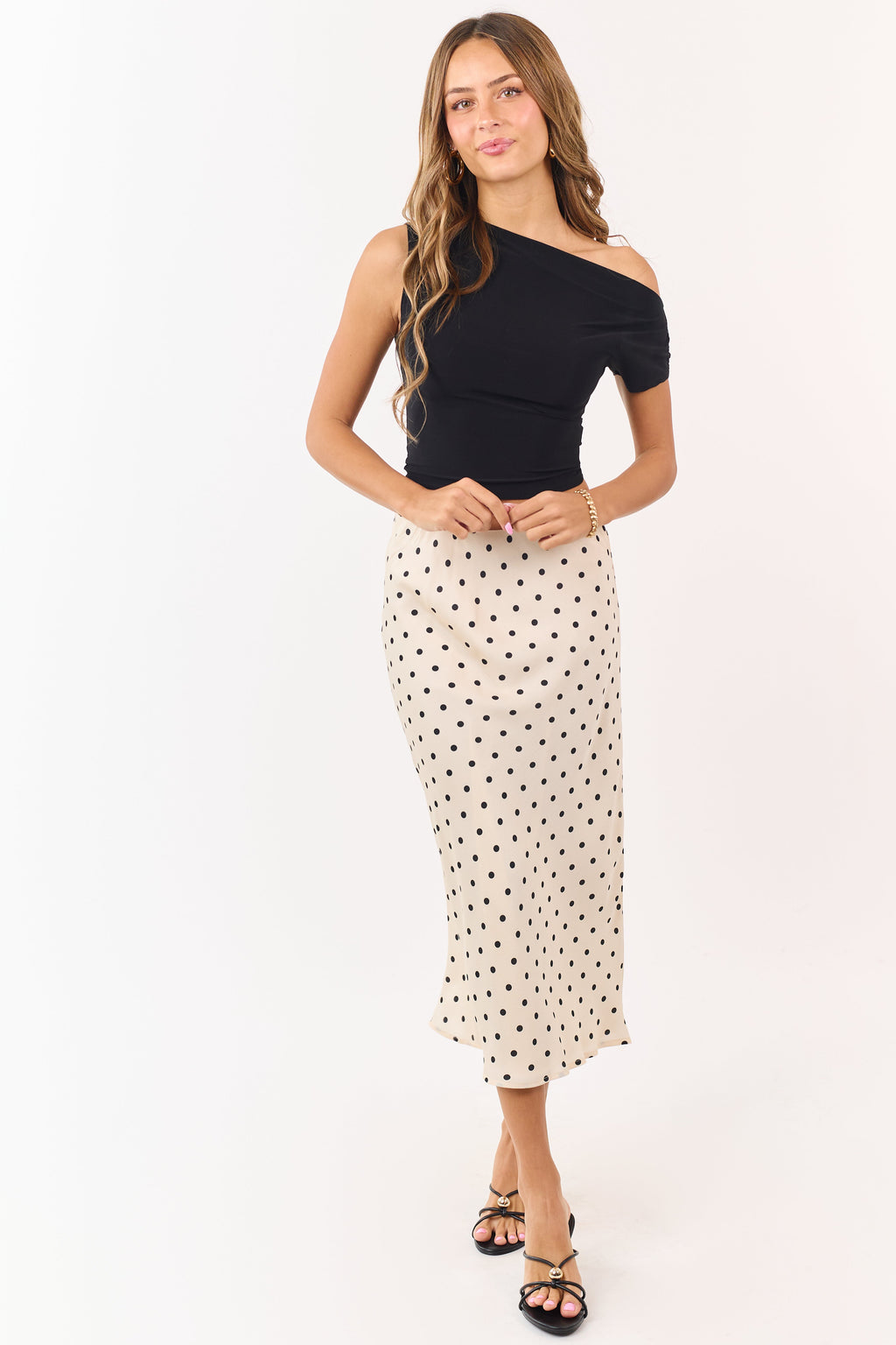 Champagne and Black Polka Dot Satin Midi Skirt