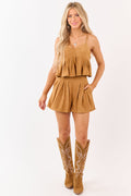 Cognac Faux Suede Pleated Tank Top and Shorts Set
