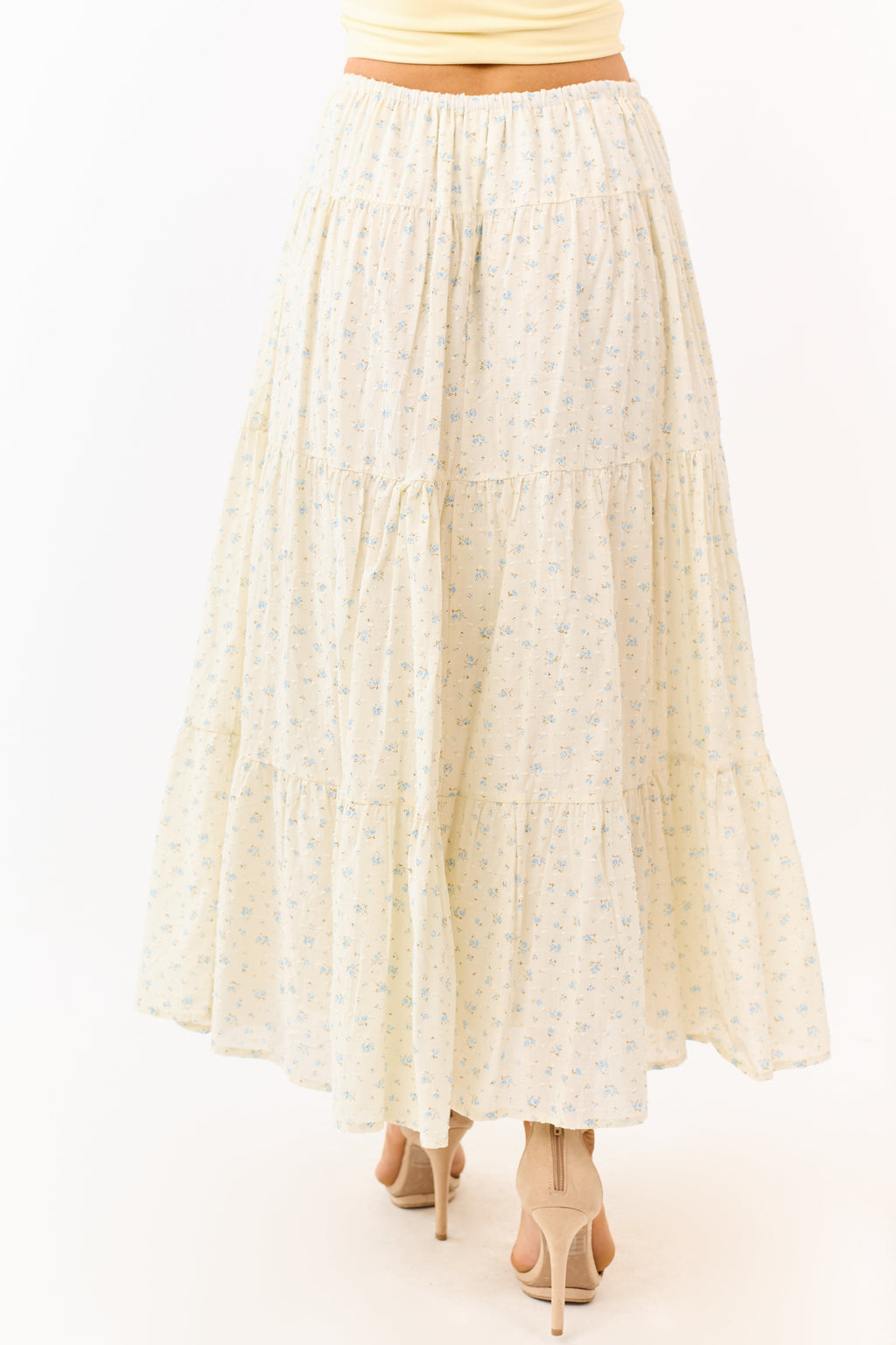 Cream Floral Print Swiss Dot Cotton Maxi Skirt