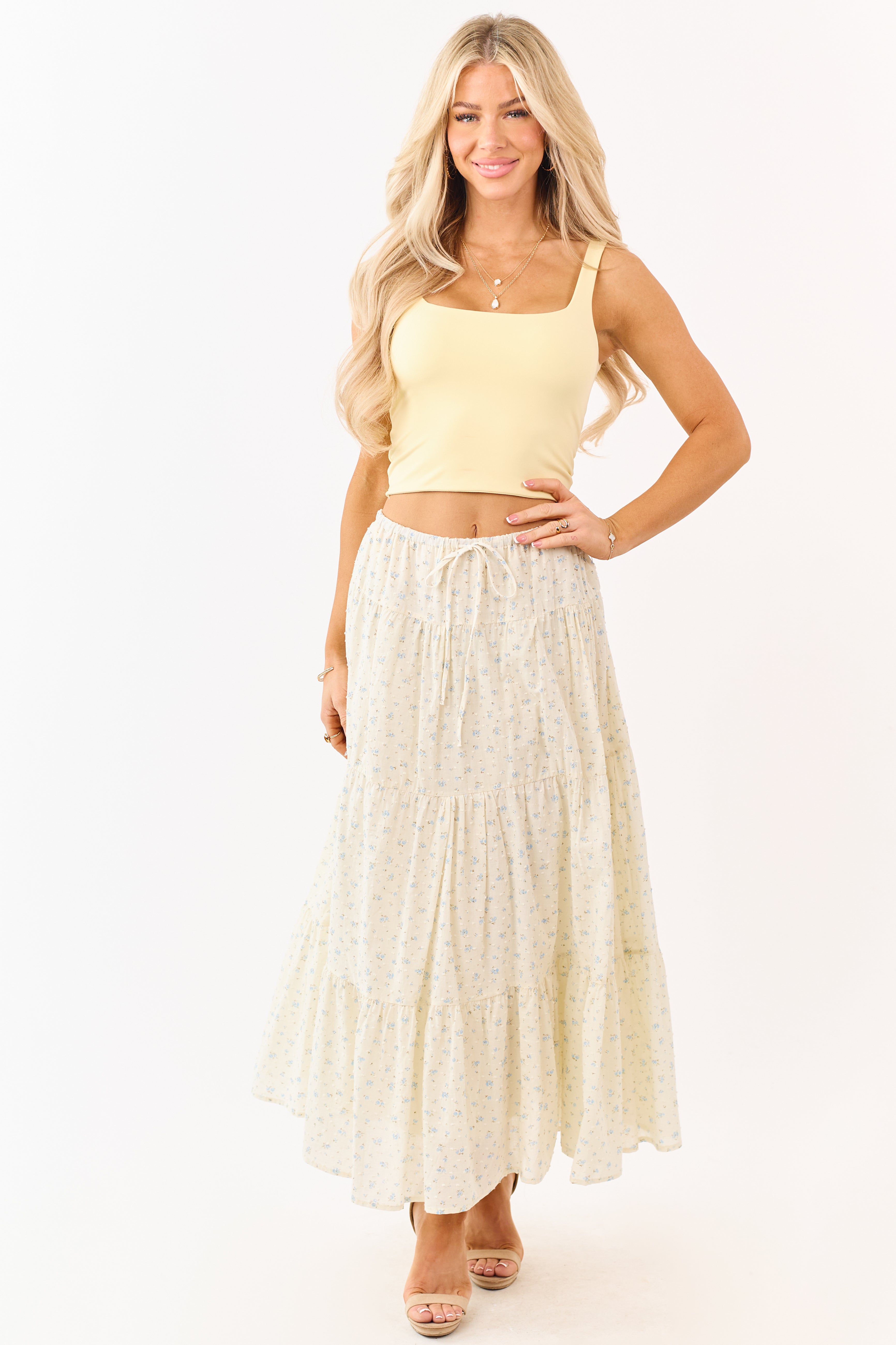 Cream Floral Print Swiss Dot Cotton Maxi Skirt