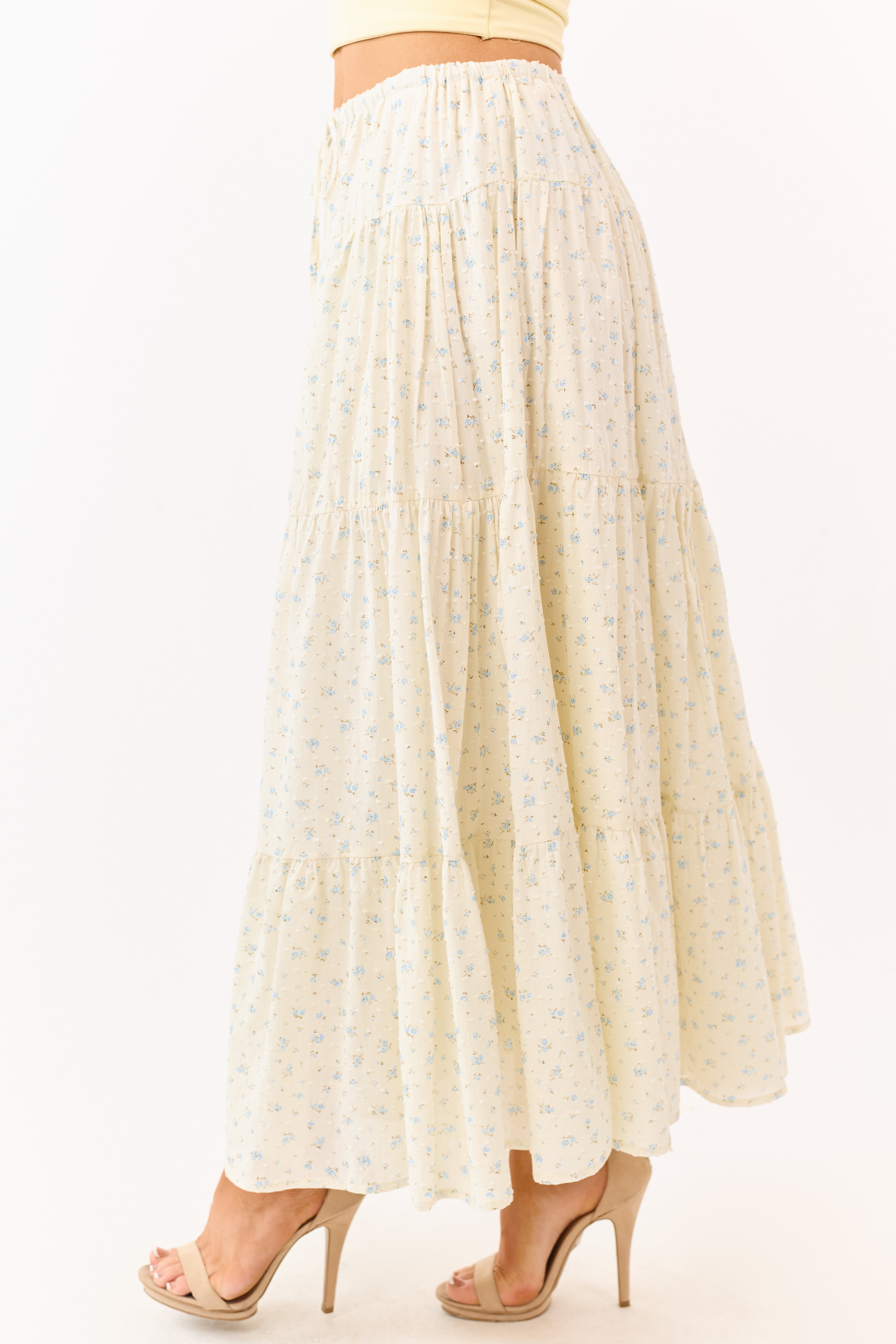Cream Floral Print Swiss Dot Cotton Maxi Skirt