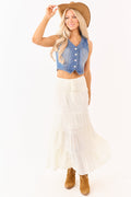 Cream Smocked Waist Tiered Flowy Maxi Skirt
