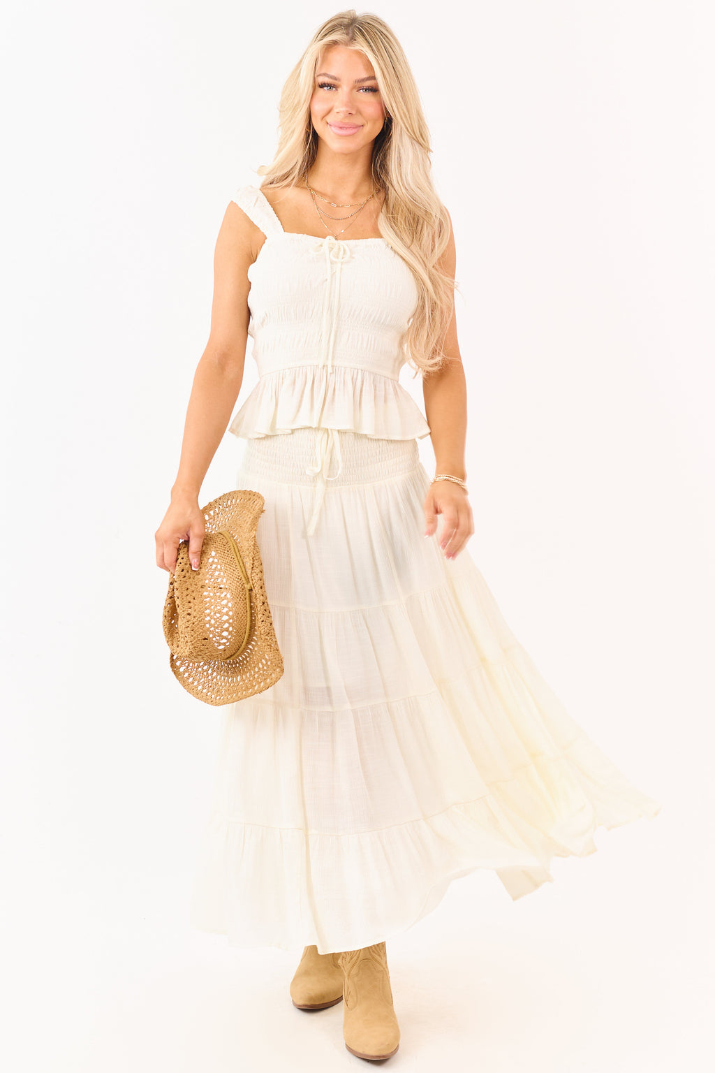 Cream Smocked Waist Tiered Flowy Maxi Skirt