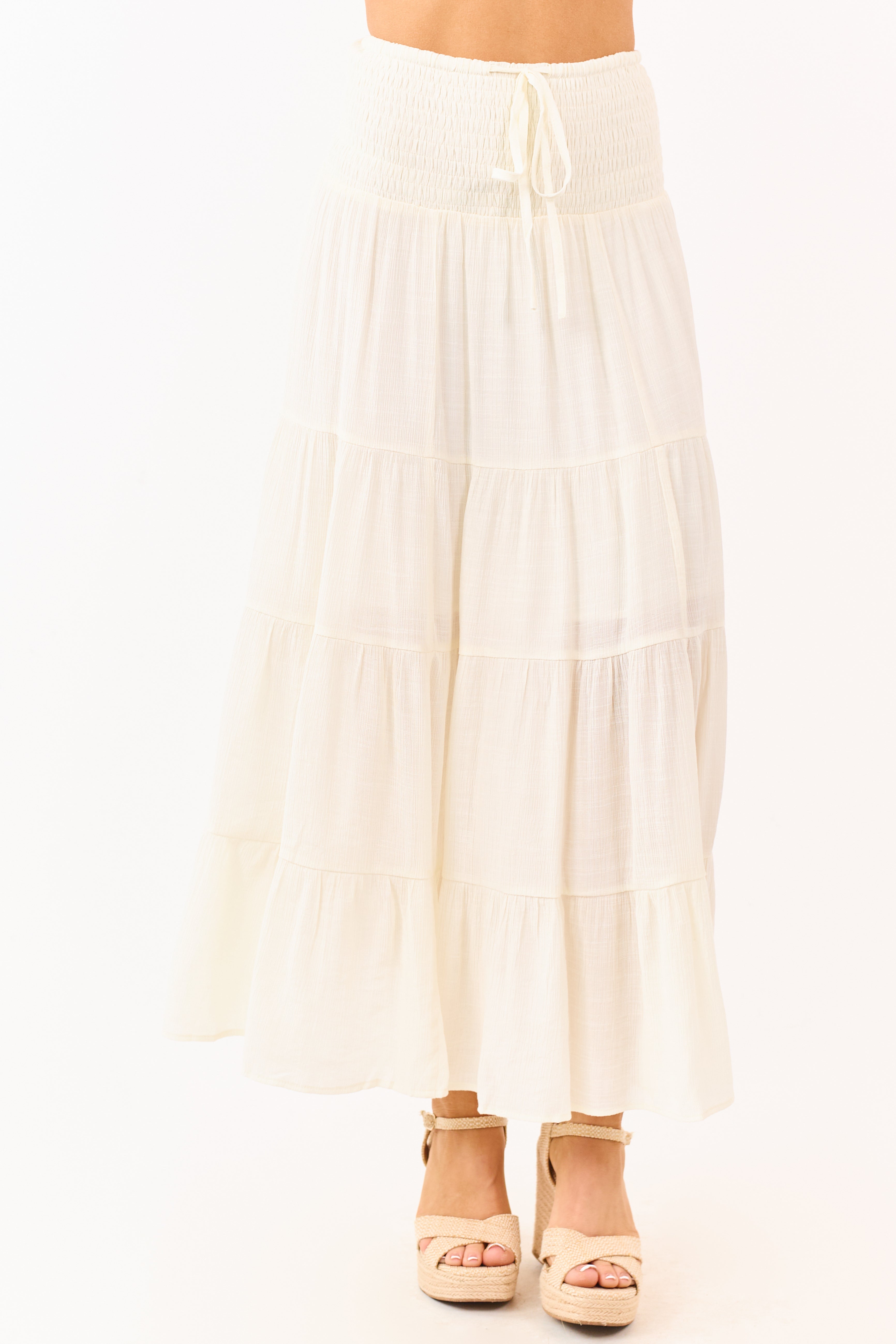 Cream Smocked Waist Tiered Flowy Maxi Skirt