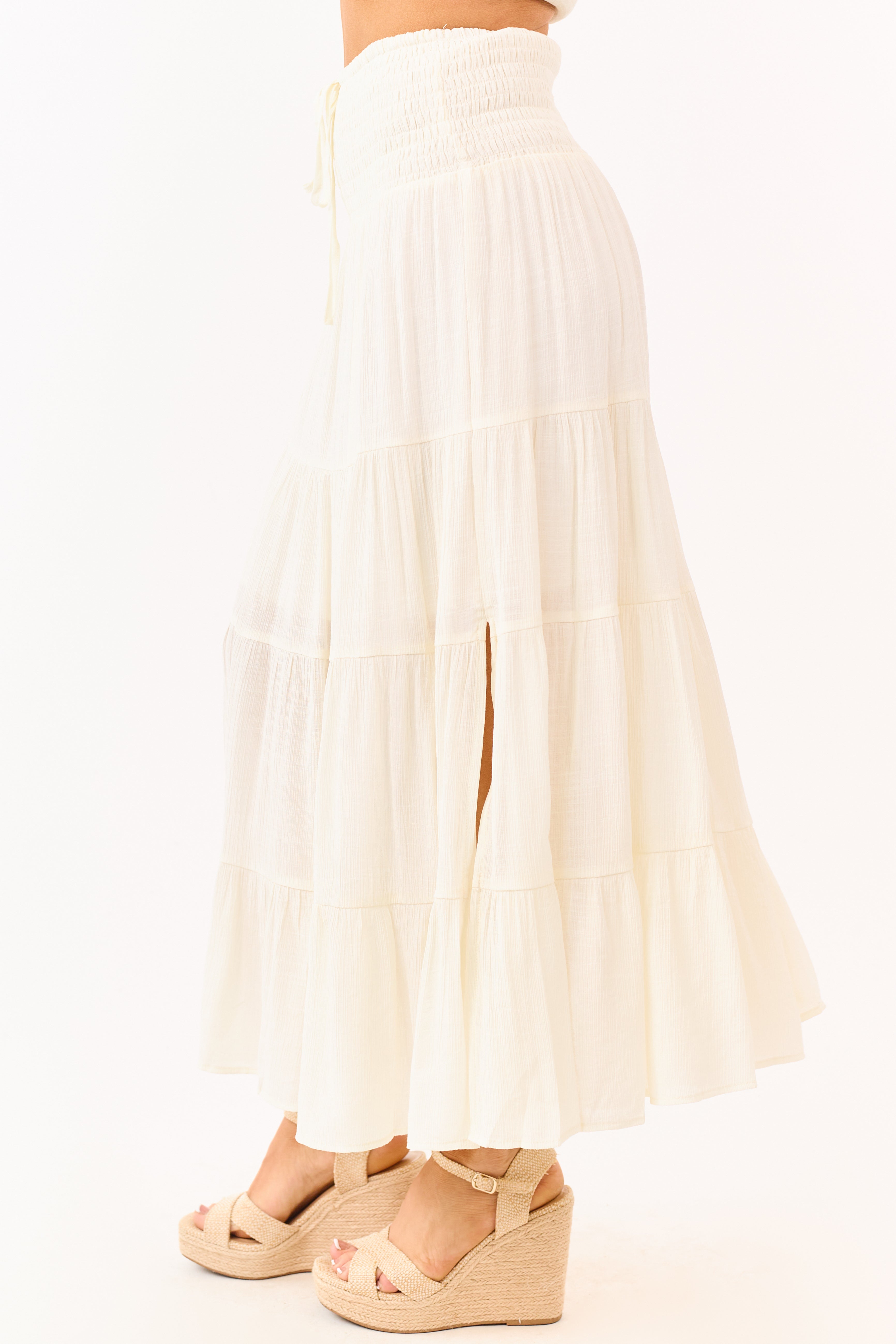 Cream Smocked Waist Tiered Flowy Maxi Skirt