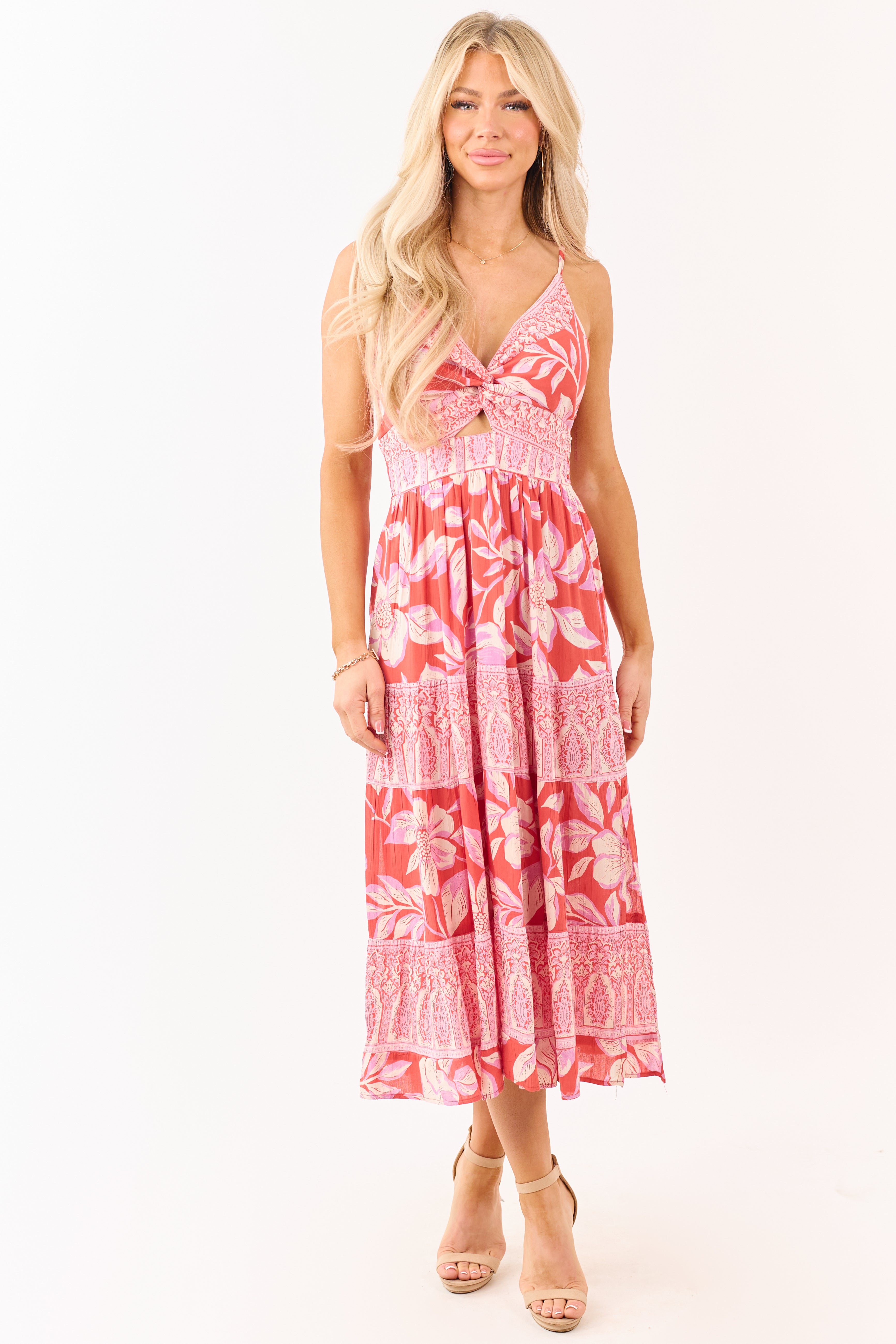 Punch Floral Print Front Twist Tiered Maxi Dress