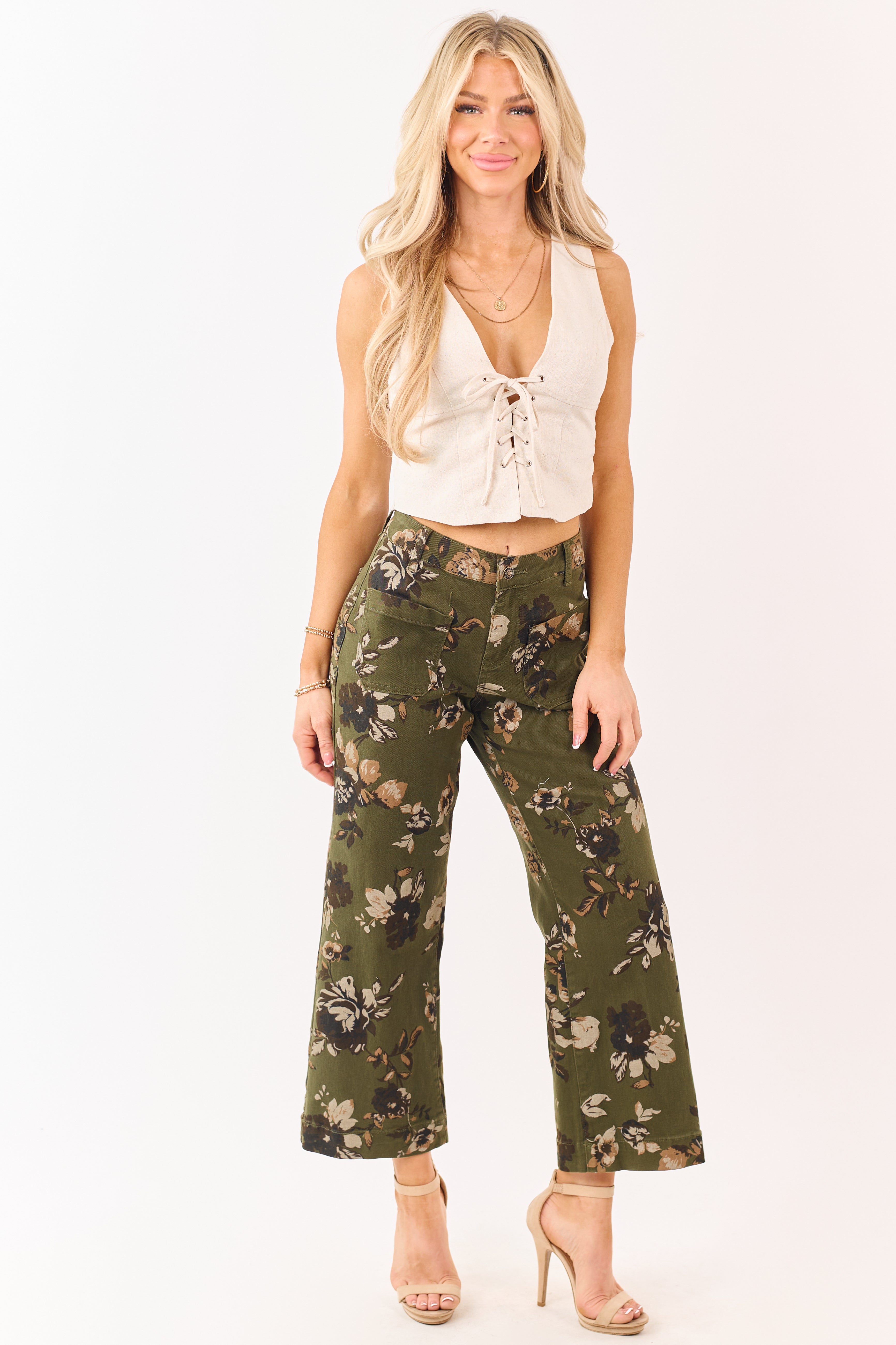 Dark Olive Floral Print Stretchy Wide Leg Jeans