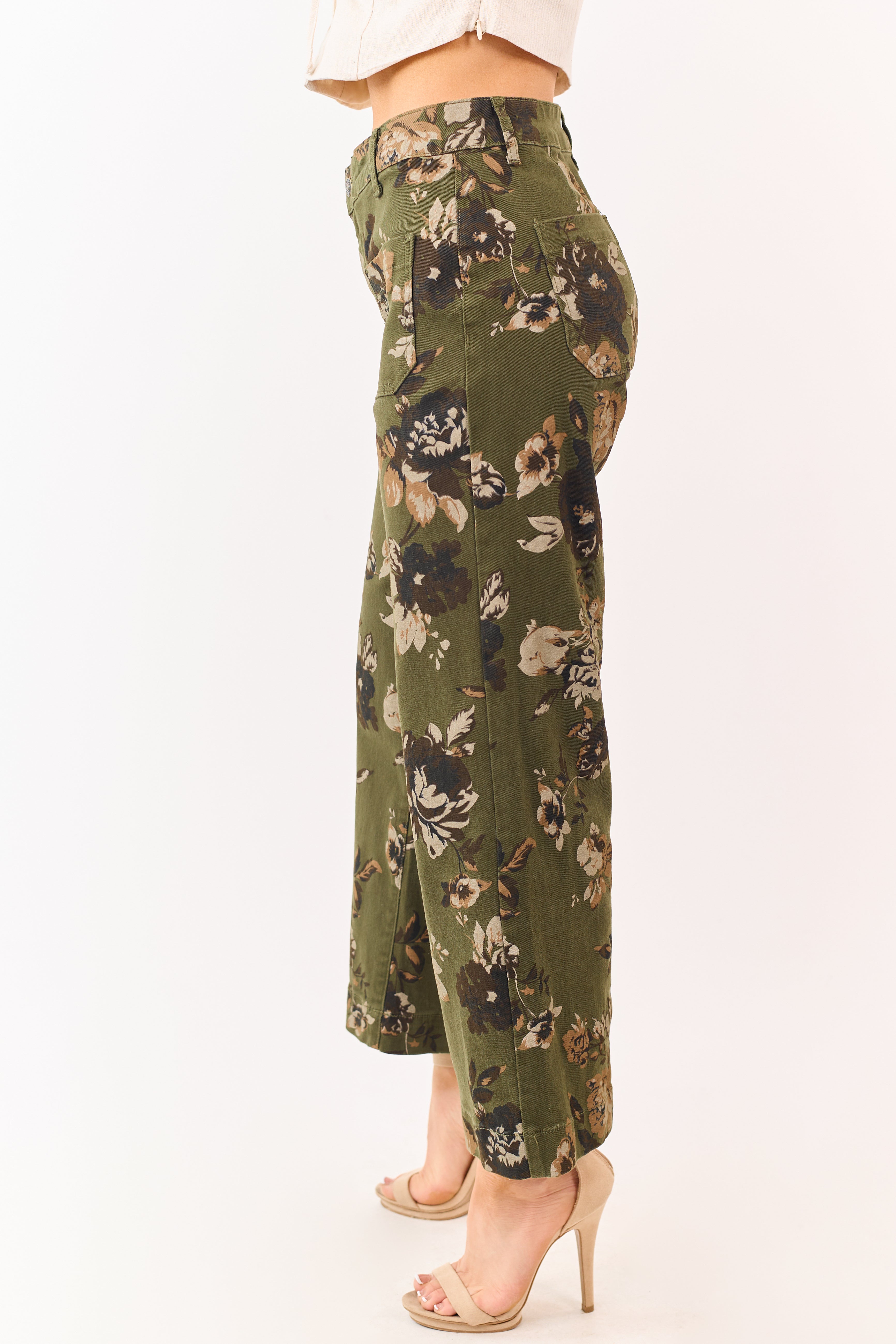 Dark Olive Floral Print Stretchy Wide Leg Jeans