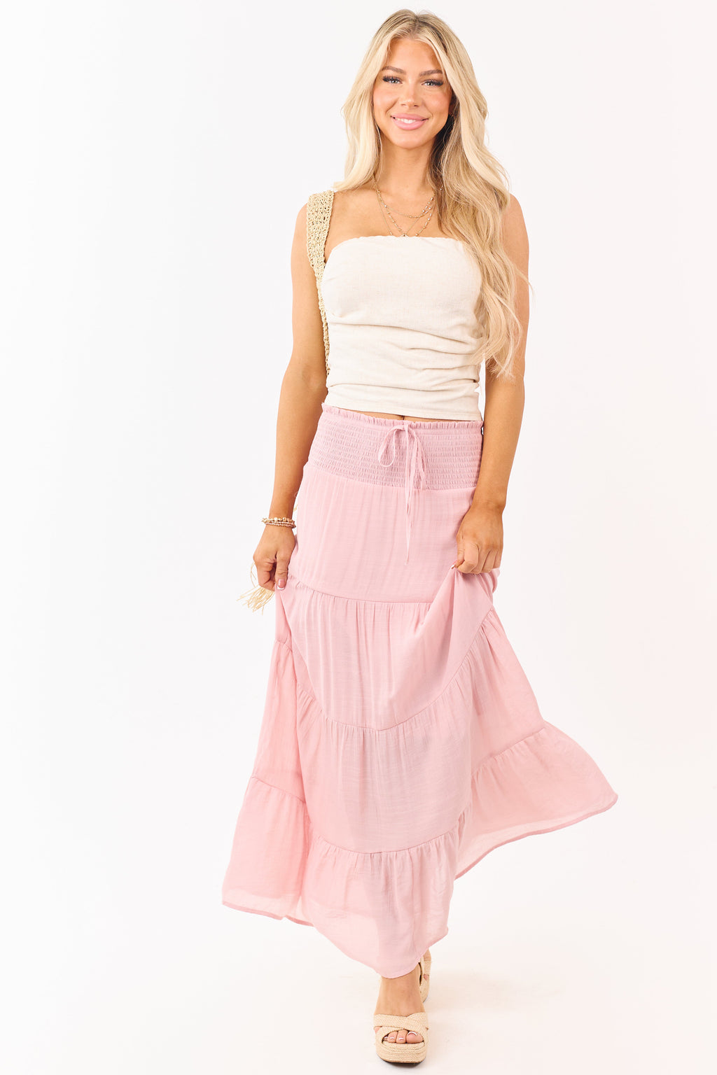 Dusty Blush Smocked Waist Tiered Maxi Skirt