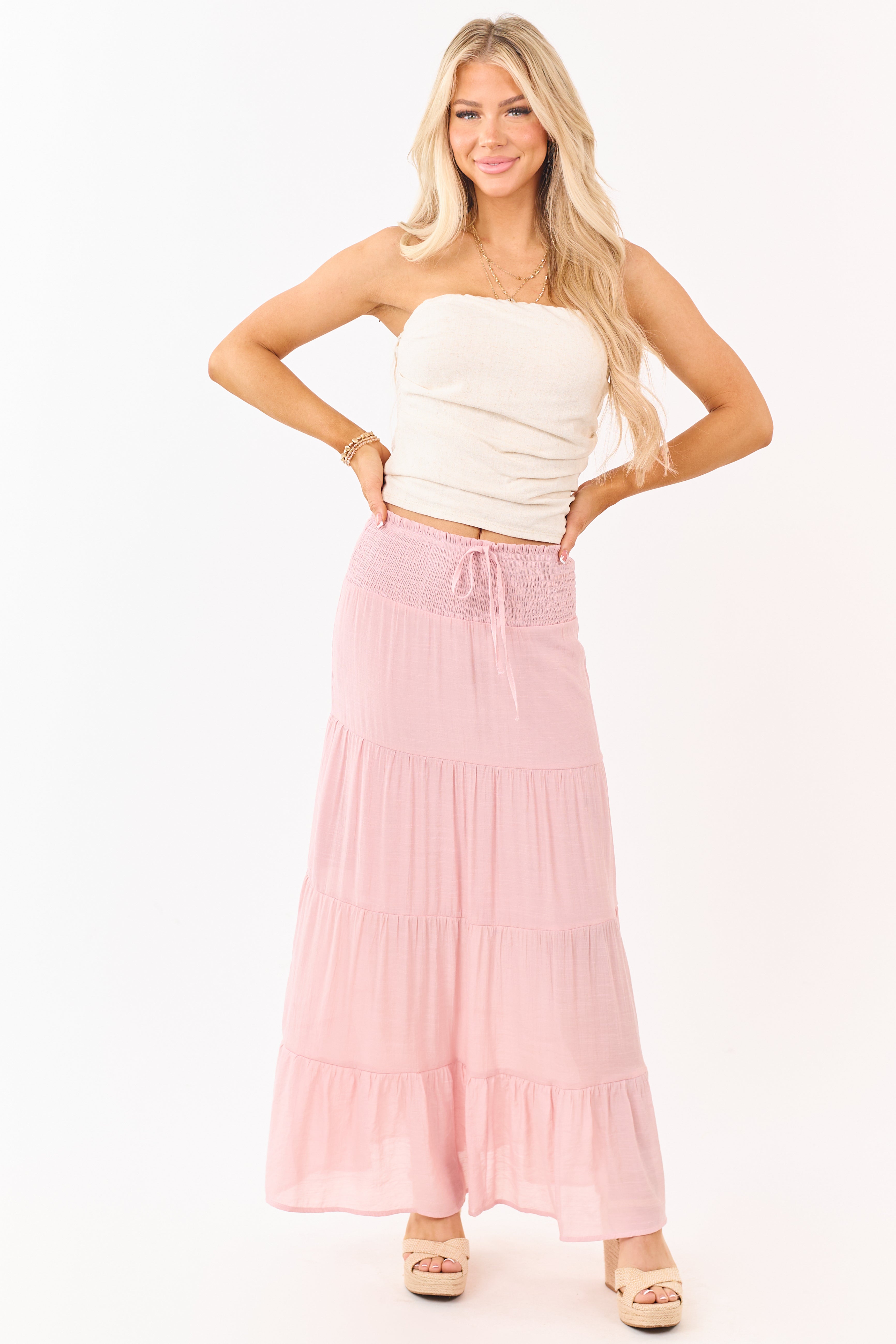 Dusty Blush Smocked Waist Tiered Maxi Skirt