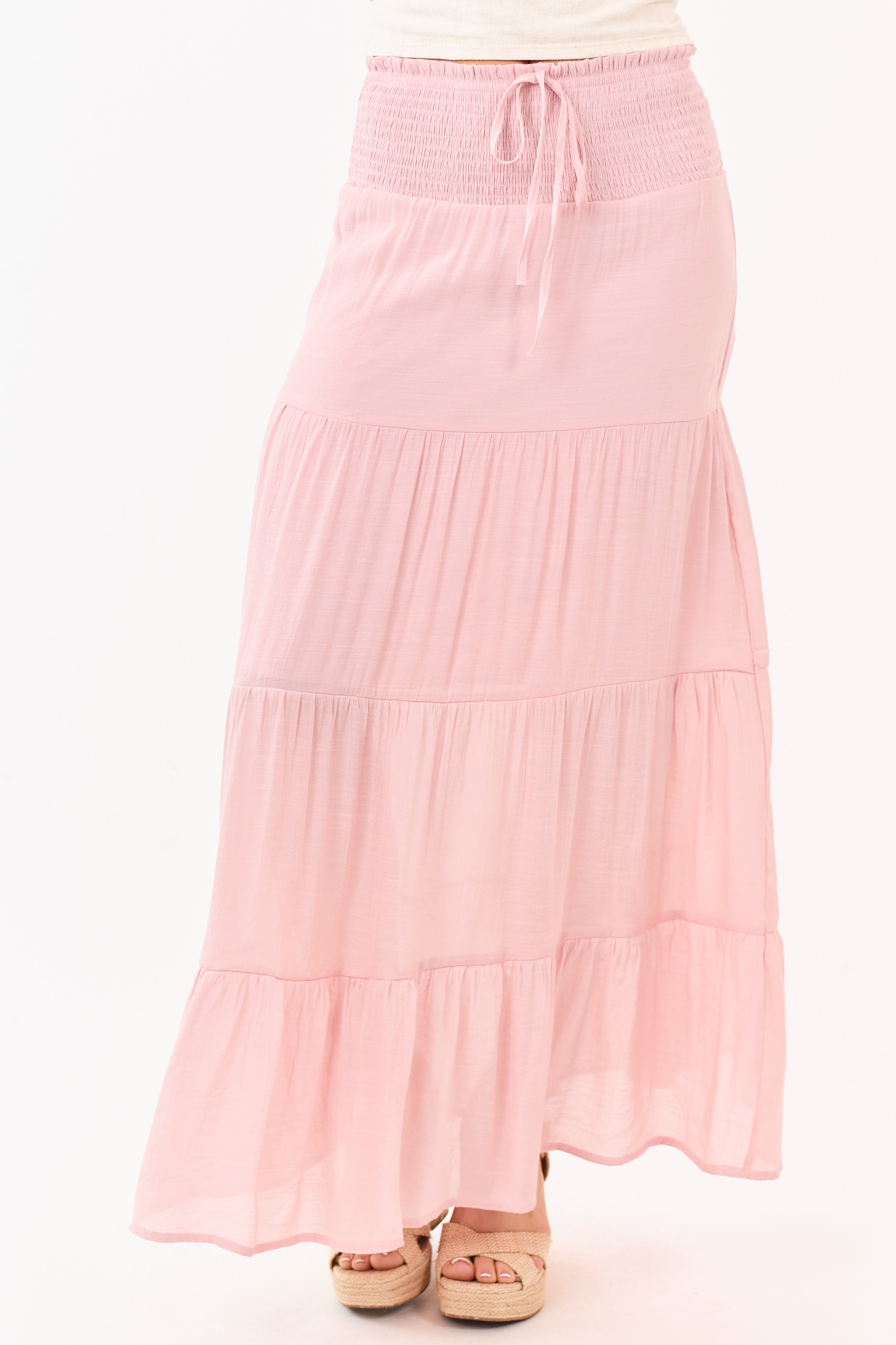 Dusty Blush Smocked Waist Tiered Maxi Skirt