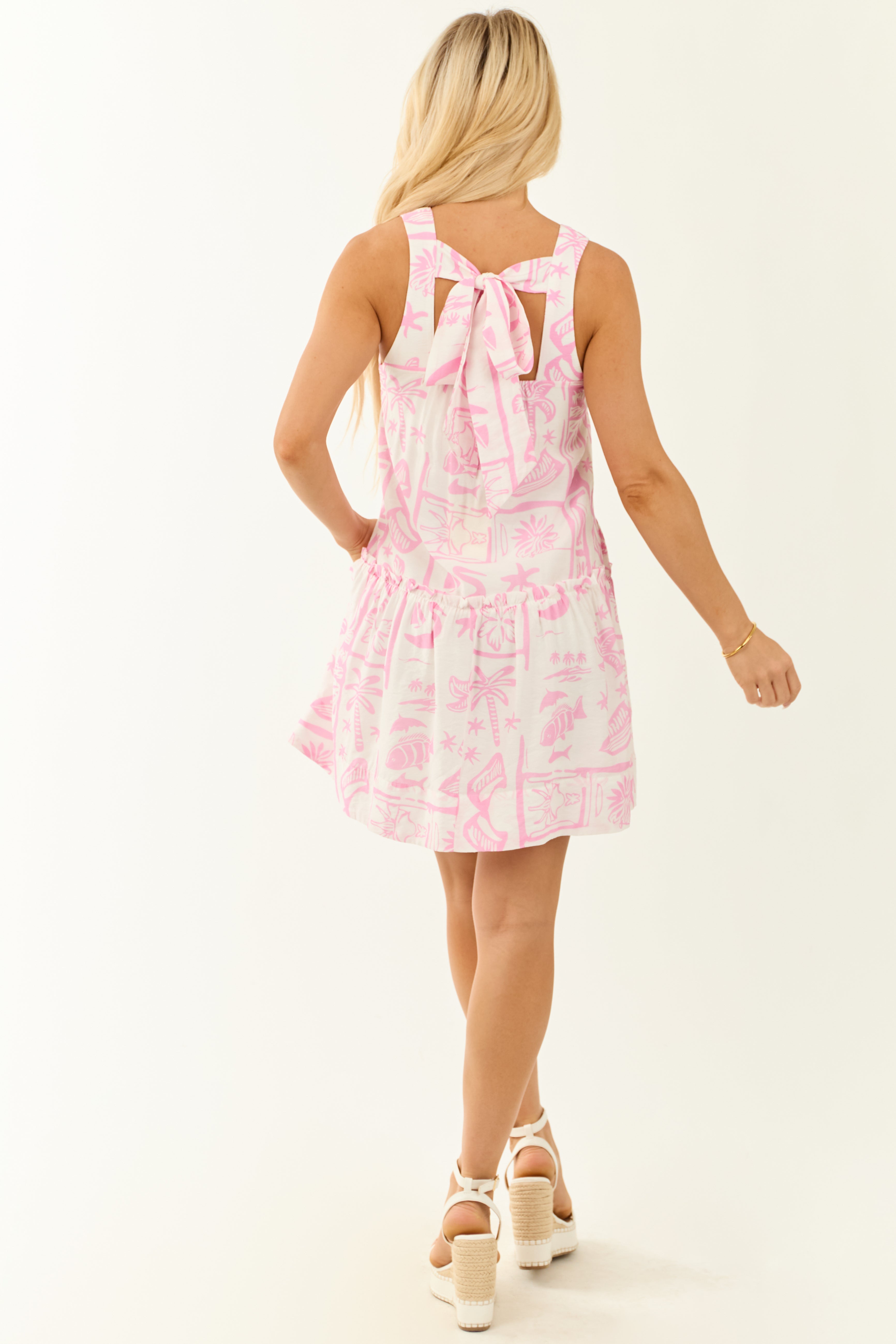Entro Baby Pink Beach Print Sleeveless Mini Dress